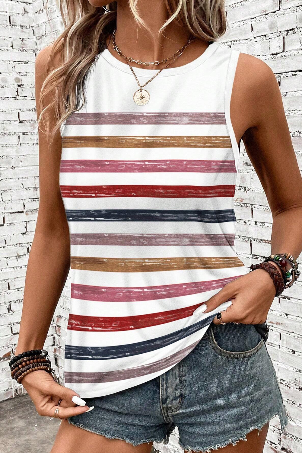 Red Stripe Rainbow Round Neck Tank Top - loveforevers