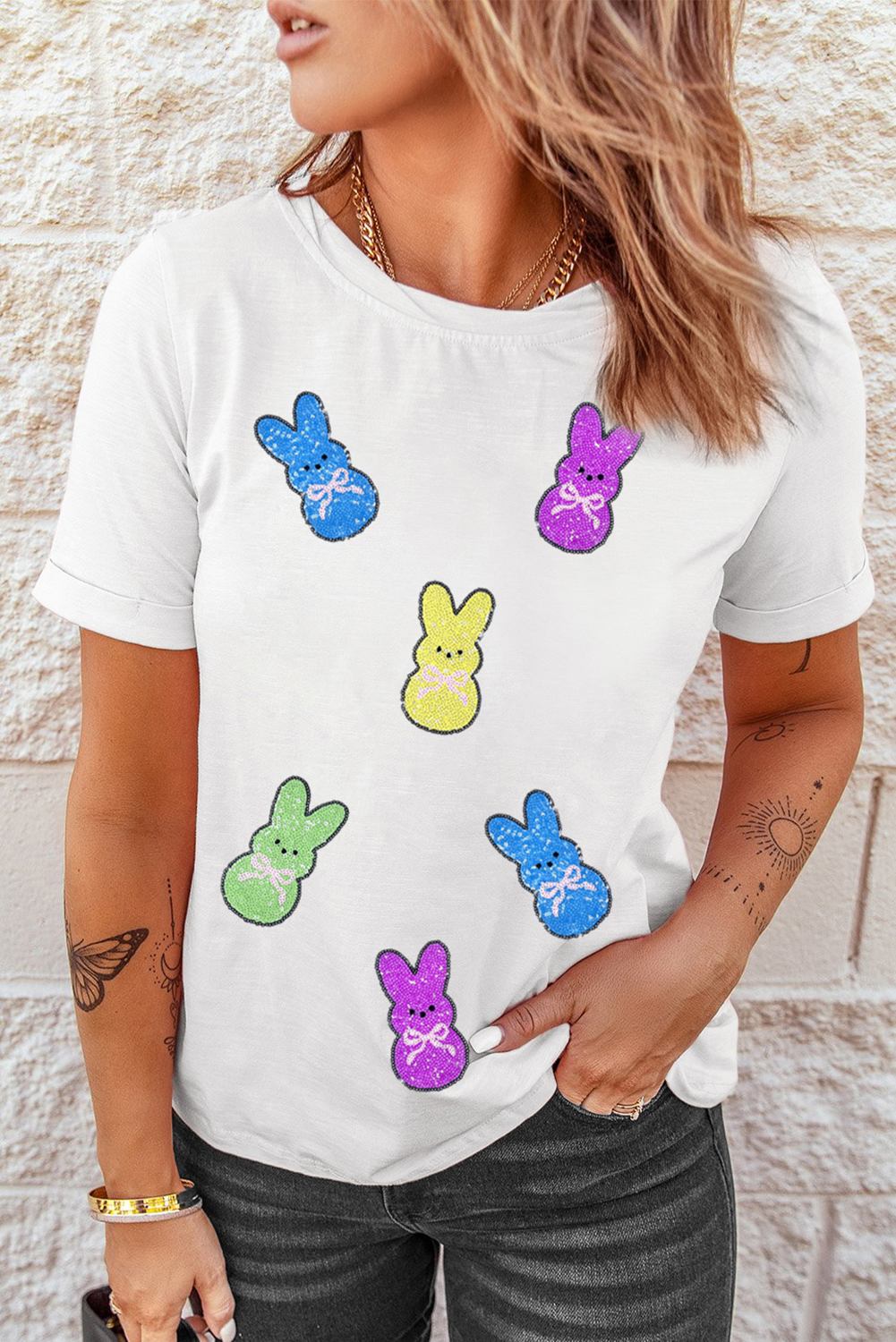 White Sequin Bow Bunny Doll Patched Easter Graphic Tee - loveforevers