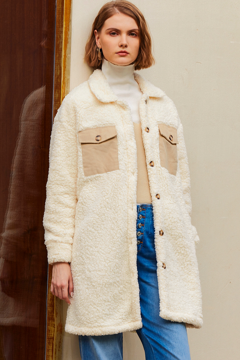 Beige Contrast Flap Pocket Single Breasted Teddy Coat - loveforevers