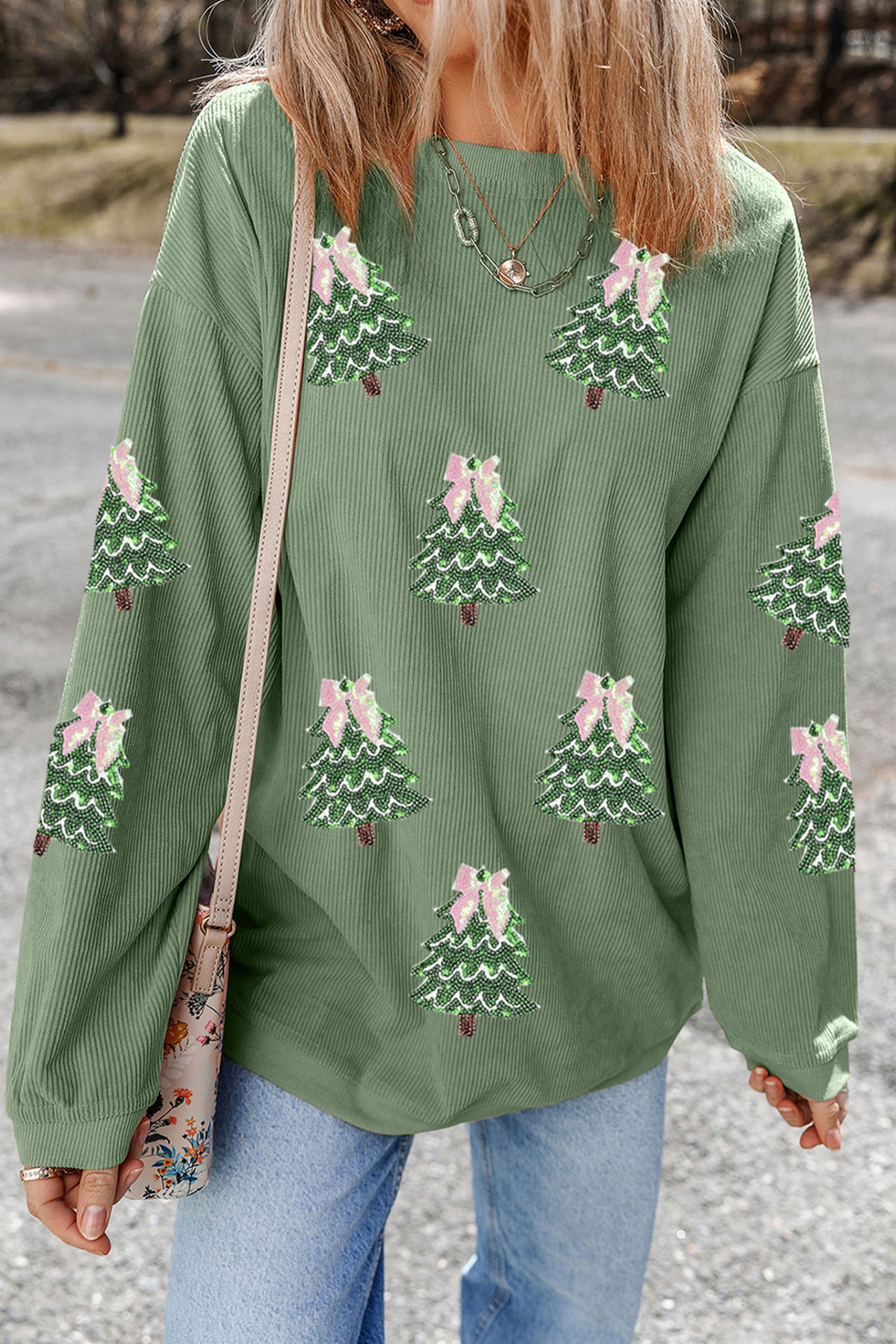 Grass Green Twisted Ribbed Texture Ribbon Bow Christmas Tree Sequin Graphic Sweatshirt - loveforevers