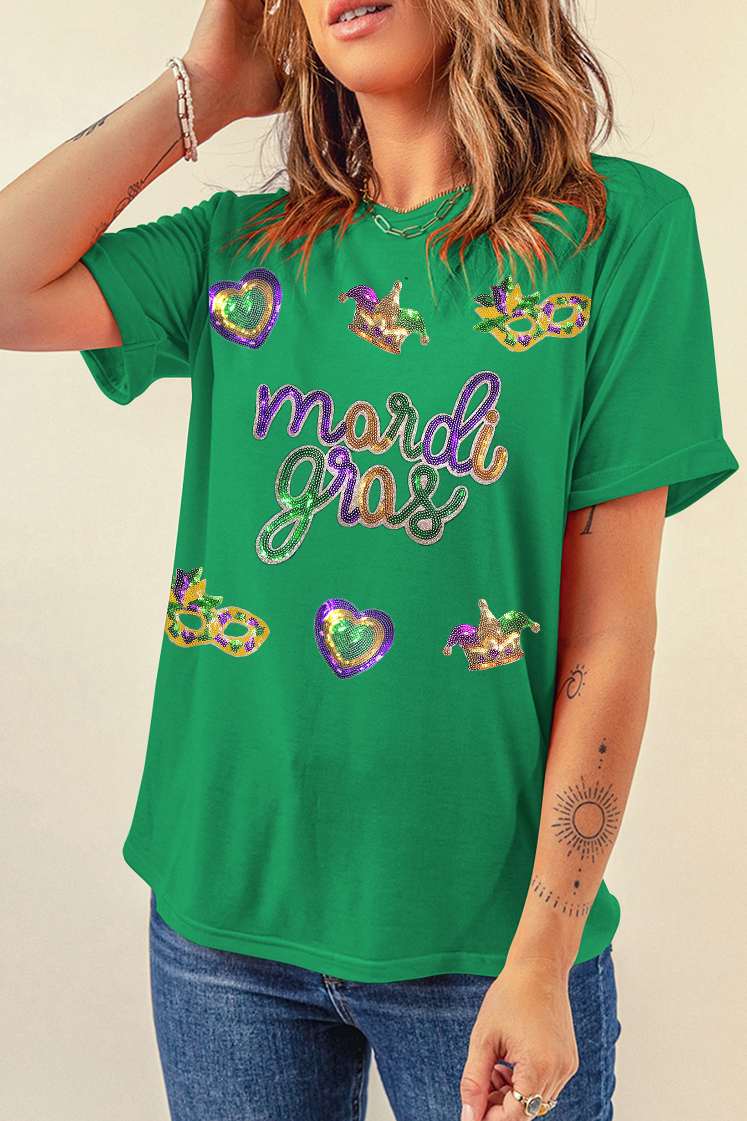 Bright Green Glitter Mardi Gras Mask Graphic T Shirt - loveforevers