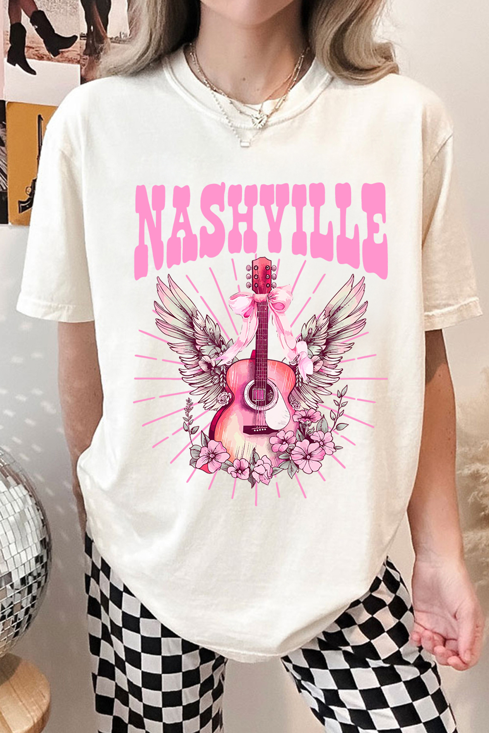 White NASHVILLE Guitar Graphic Music Festival T Shirt - loveforevers