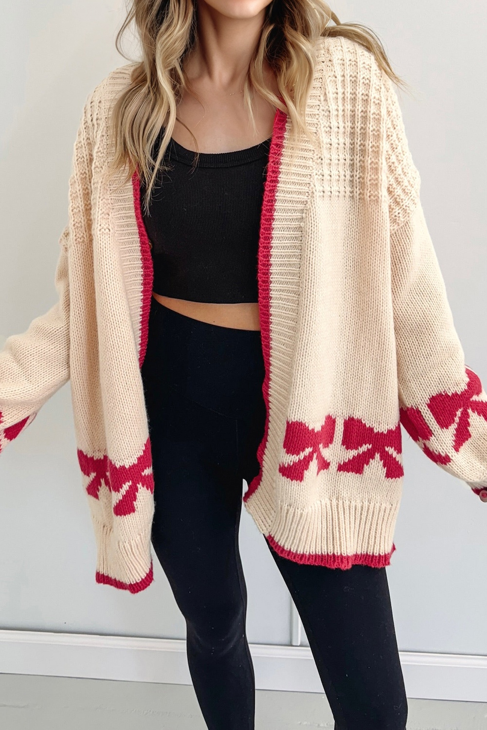 Apricot Bow Pattern Textured Open Front Baggy Cardigan - loveforevers