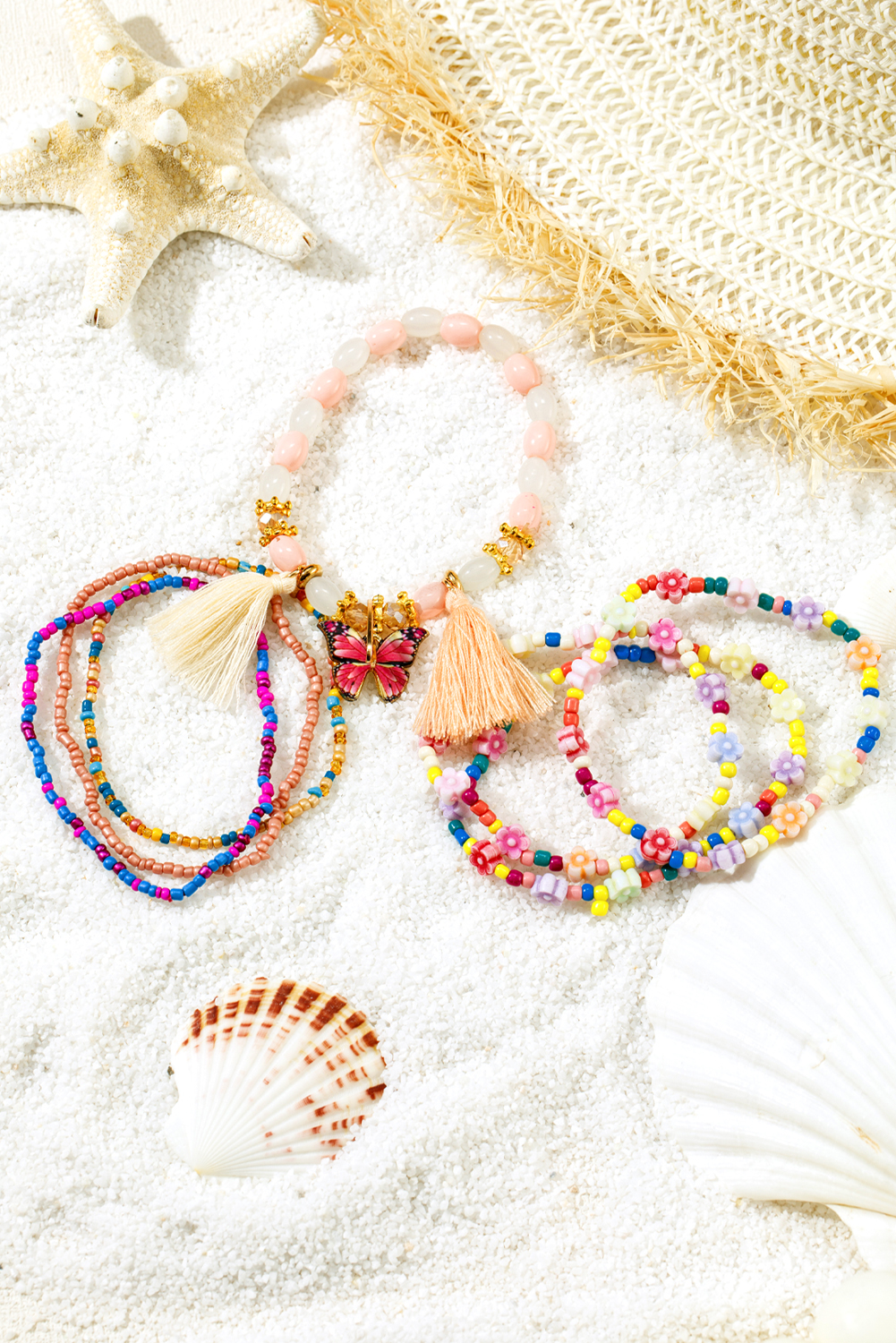 Peach Blossom 7pcs Handmade Beaded Bohemian Style Butterfly Tassel Bracelet Set - loveforevers
