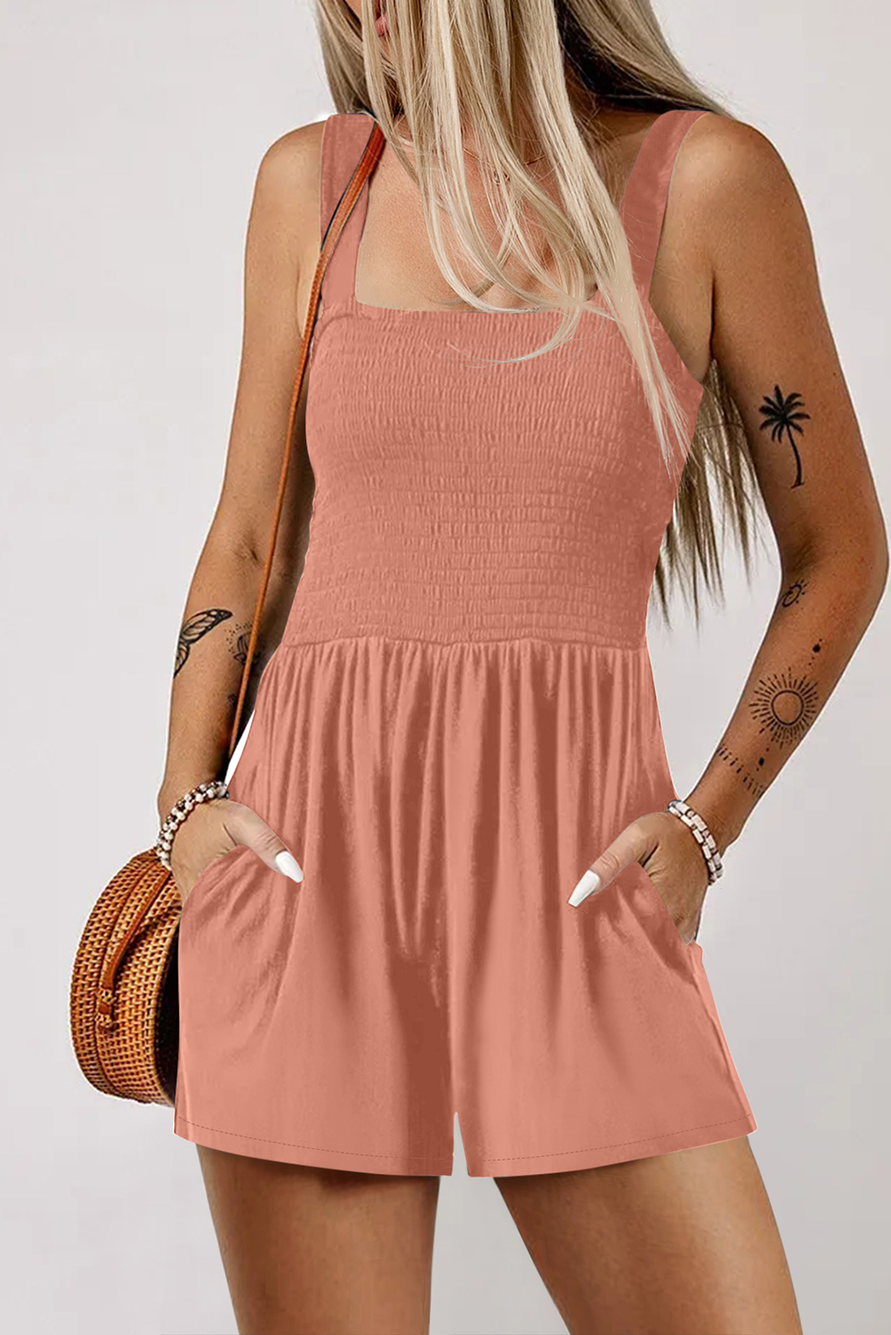 Burgundy Casual Pocketed Smocked Sleeveless Romper - loveforevers