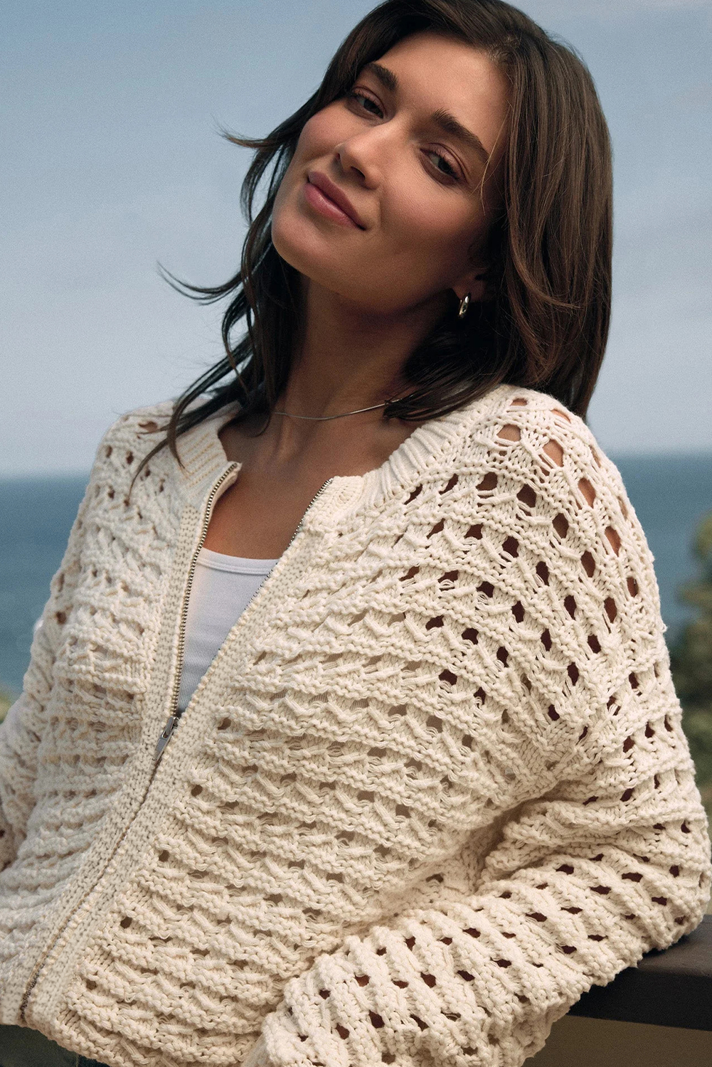 Beige Hollowed Pattern Knit Zip Up Drop Shoulder Sweater Cardigan - loveforevers
