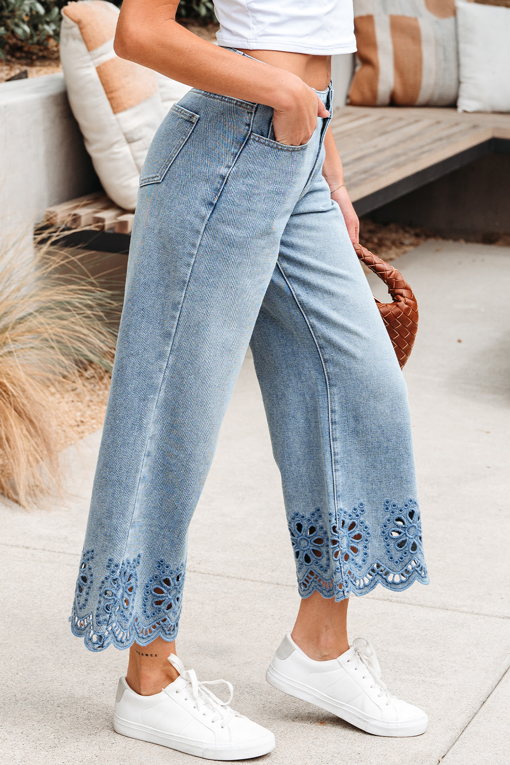 Dusk Blue Embroidered Cropped Wide Leg High Waist Jeans - loveforevers