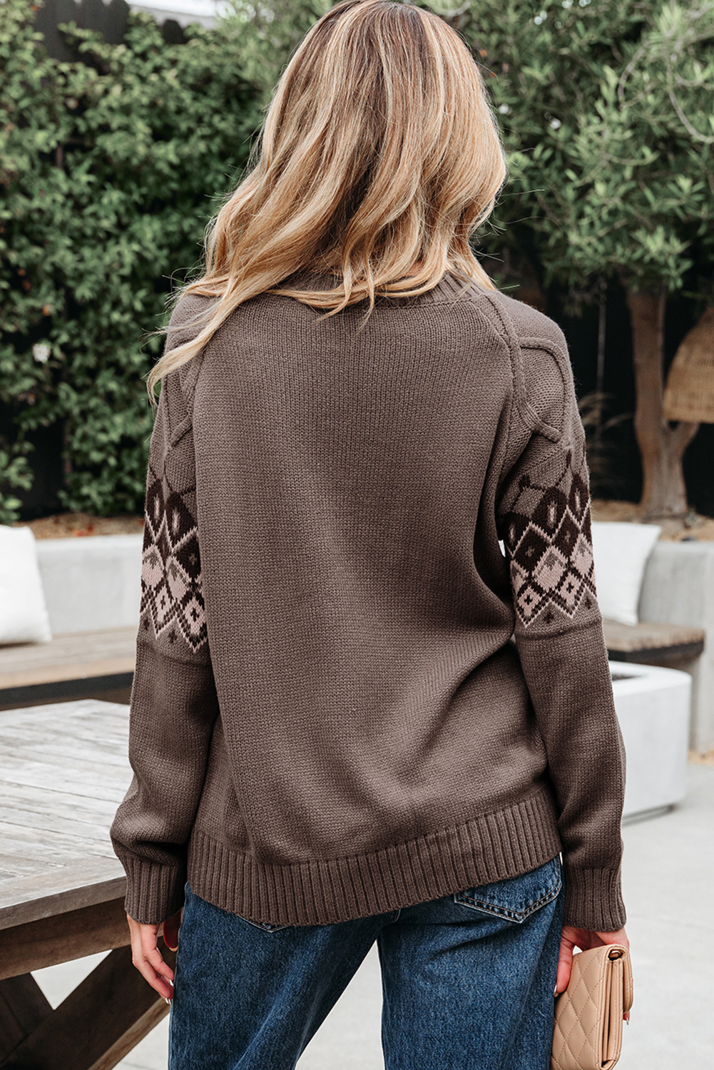Light French Beige Western Geometric Patterned Crew Neck Knitted Sweater - loveforevers