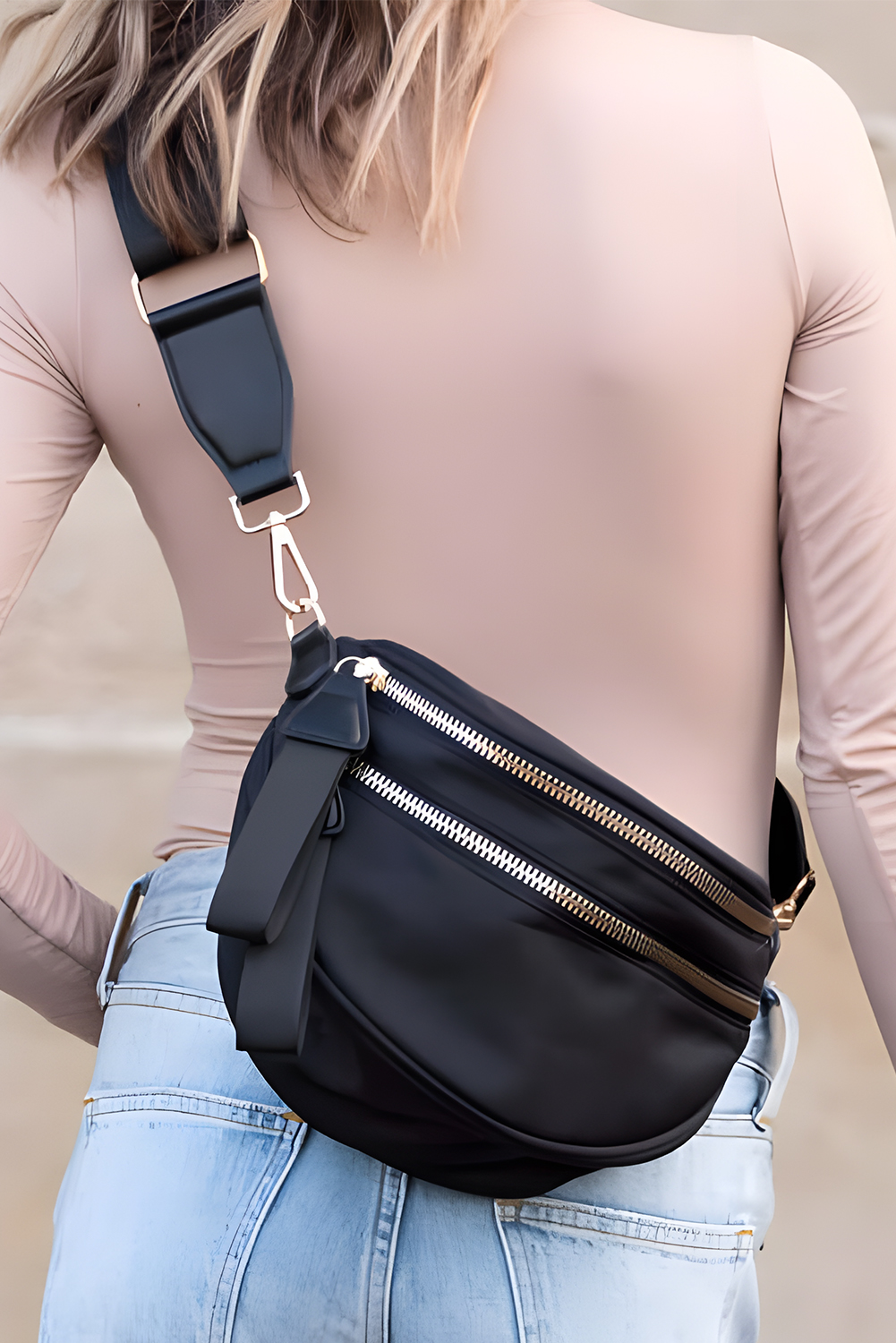 Jungle Green Double Zip Crescent Shape Adjustable Sling Bag - loveforevers