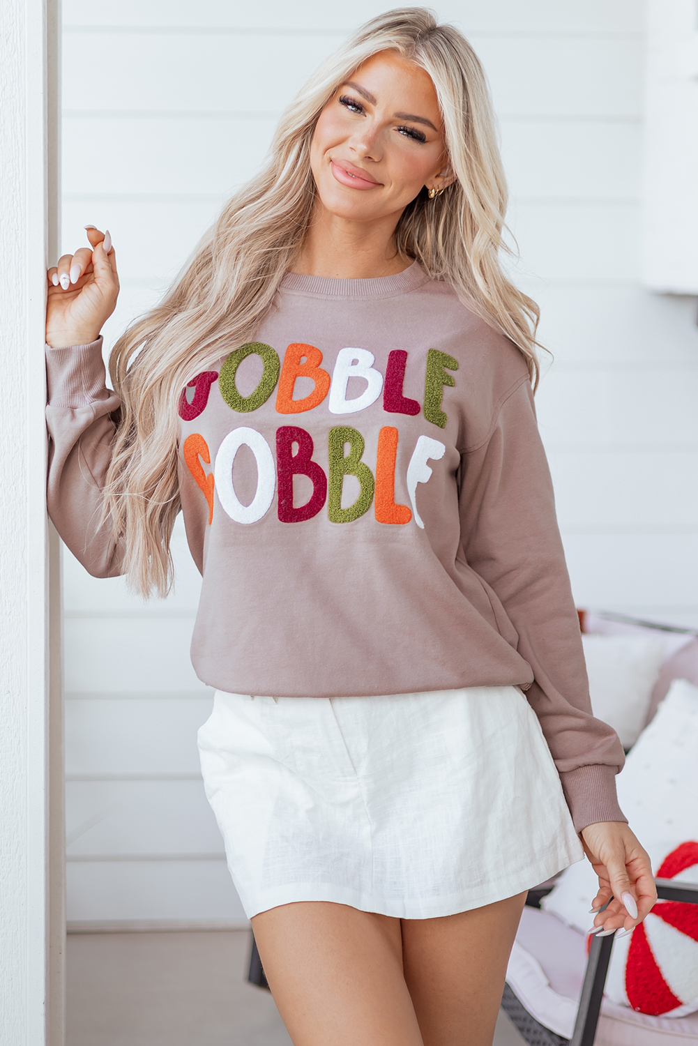 Dark Khaki GOBBLE Letter Graphic Thanksgiving Shift Sweatshirt - loveforevers