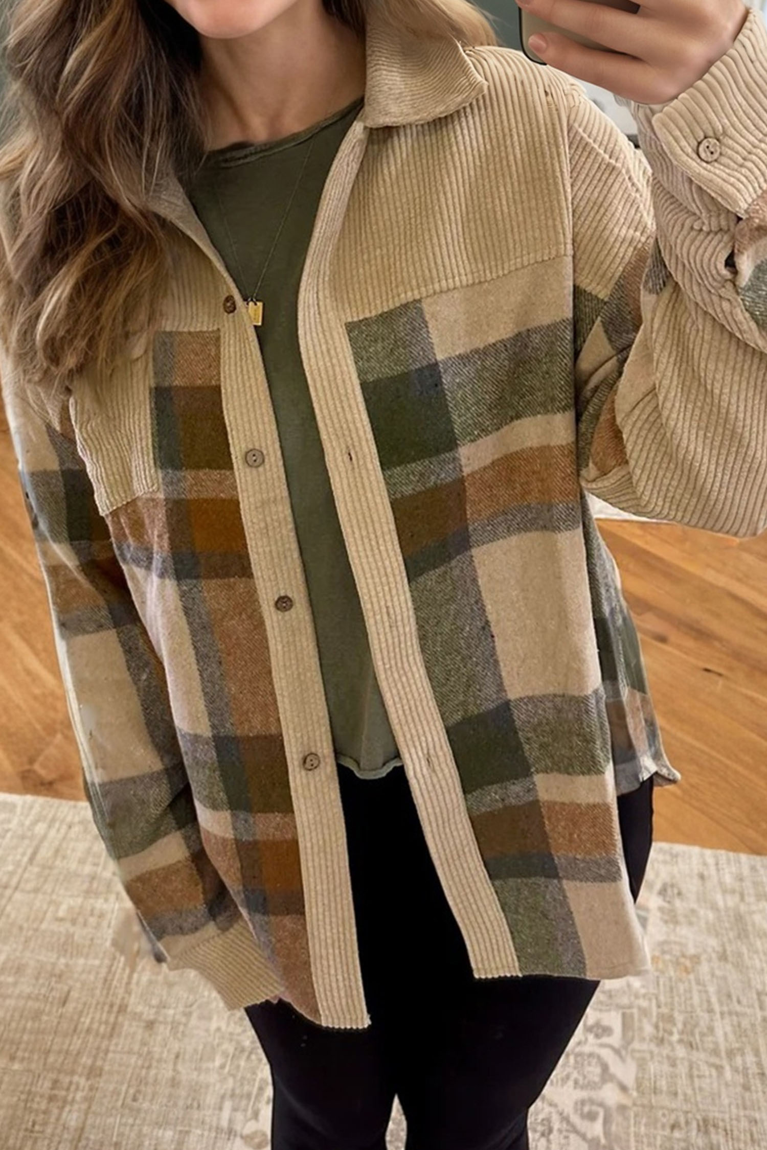 Parchment Retro Plaid Corduroy Patchwork Shacket - loveforevers