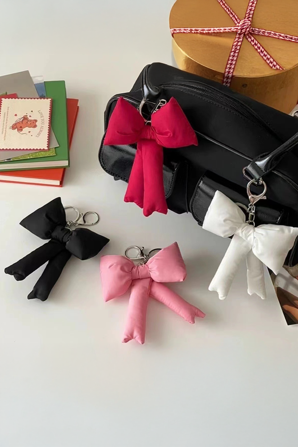 Pink Gingham Puffer Bow Knot Bag Pendant Keychain - loveforevers