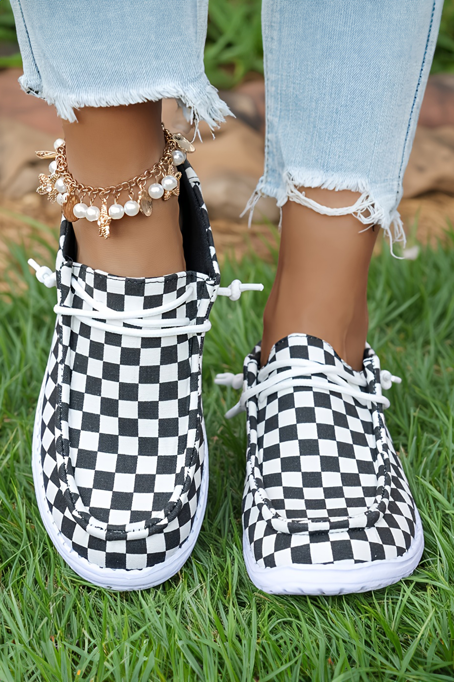 Color black Checkered Print Lace-up Detail Flat Shoes - loveforevers
