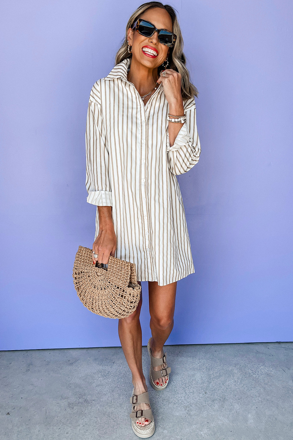 Khaki Stripe Long Sleeve Button Up Mini Shirt Dress - loveforevers