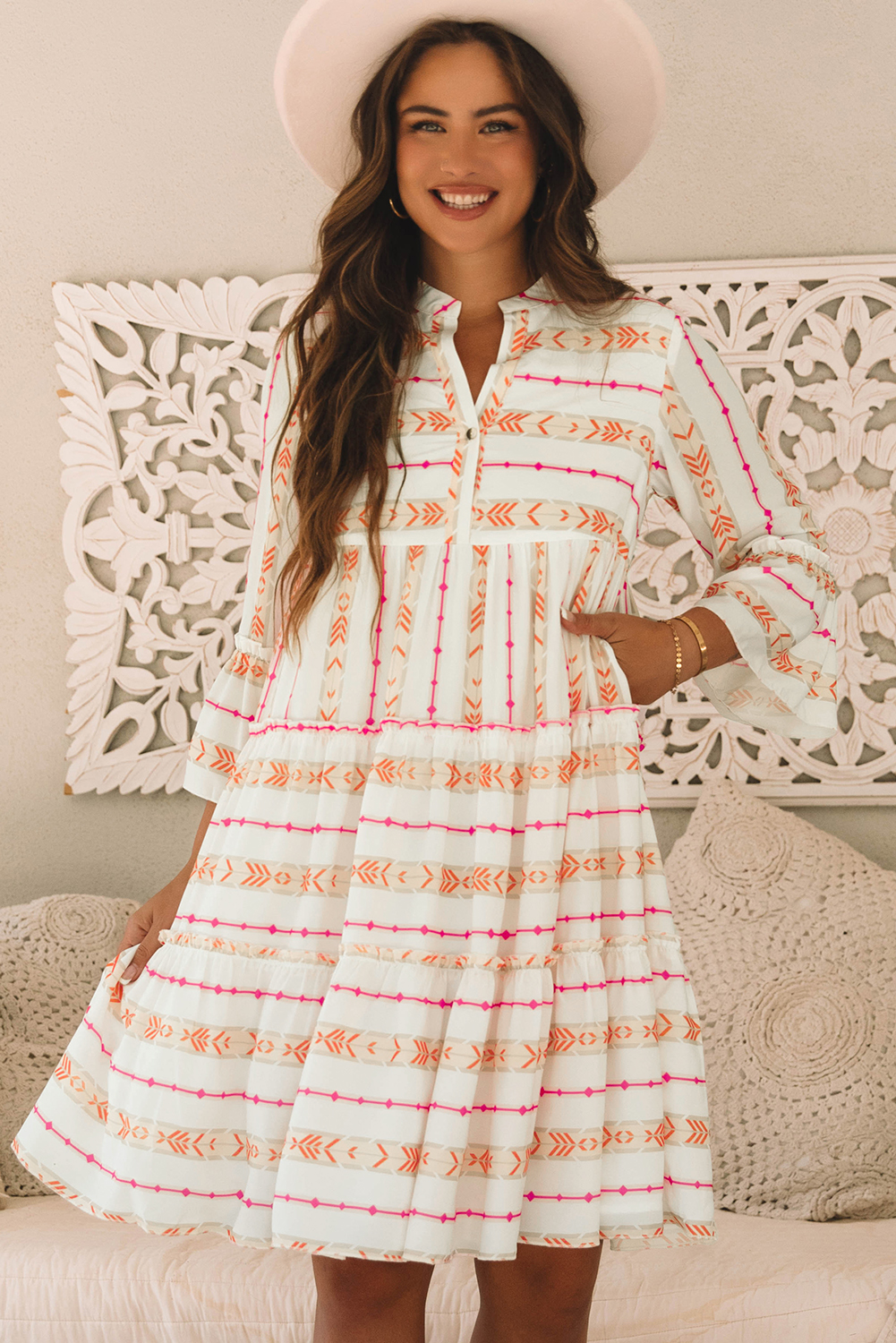 Orange Bohemian Printed Bracelet Sleeve Slit Neck Ruffled Loose Dress - loveforevers