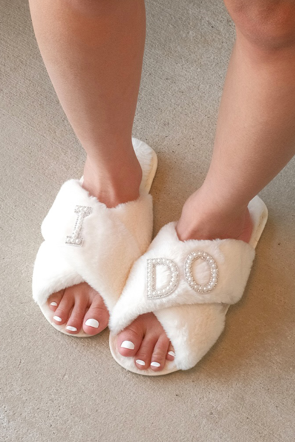 White I DO Pearl Letter Design Cross Band Plush Slippers - loveforevers