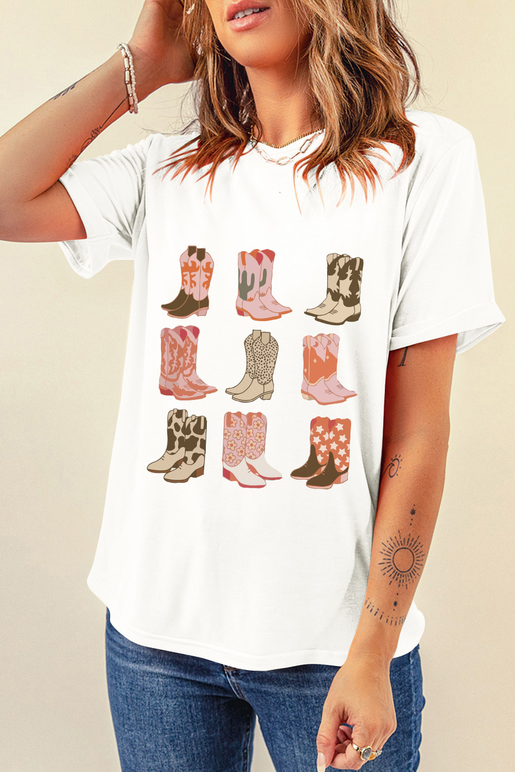 White Western Cowboy Boots Print Round Neck T Shirt - loveforevers