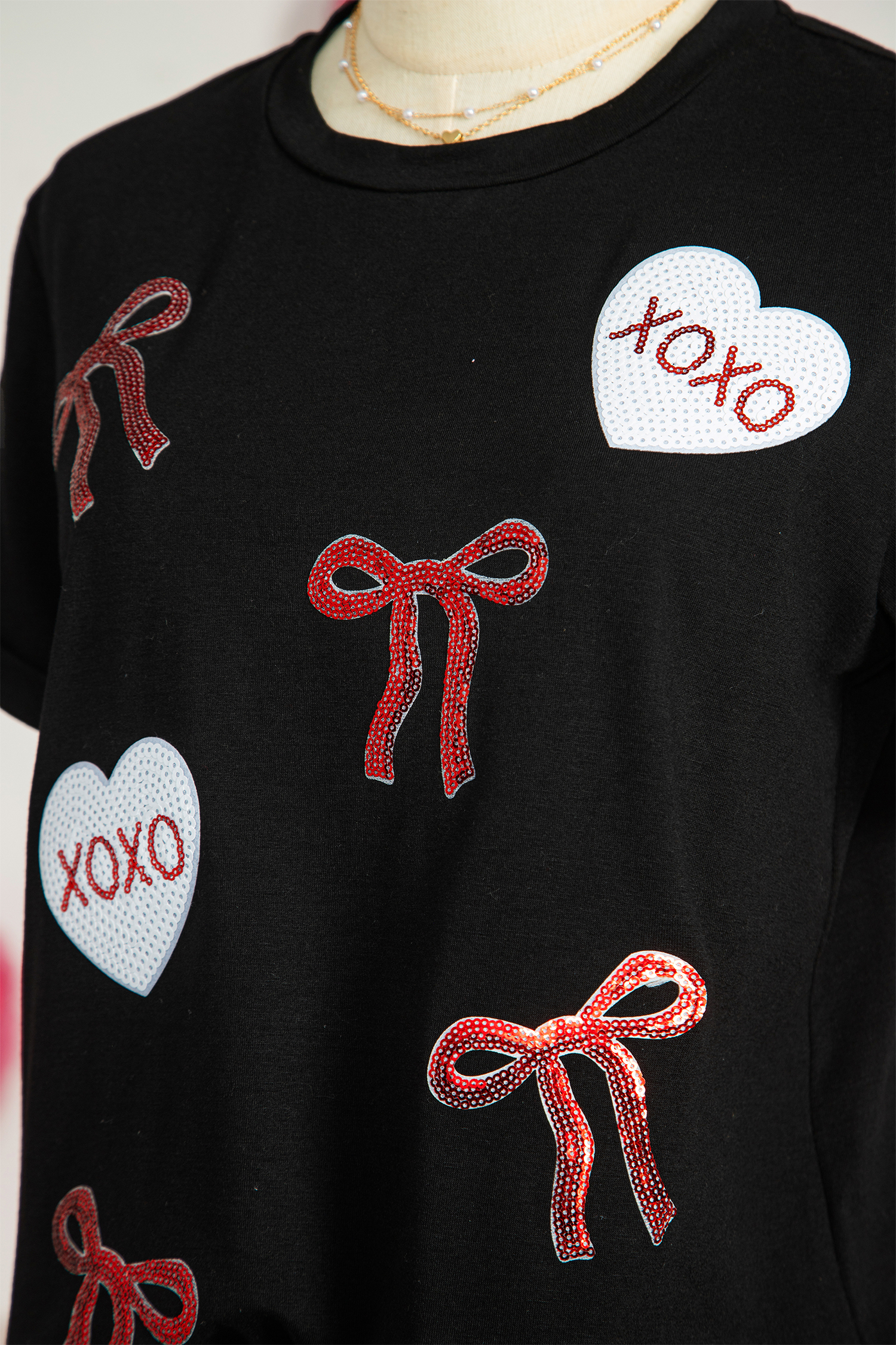 Black Valentines Bow XOXO Heart Sequin Patched Loose T Shirt - loveforevers