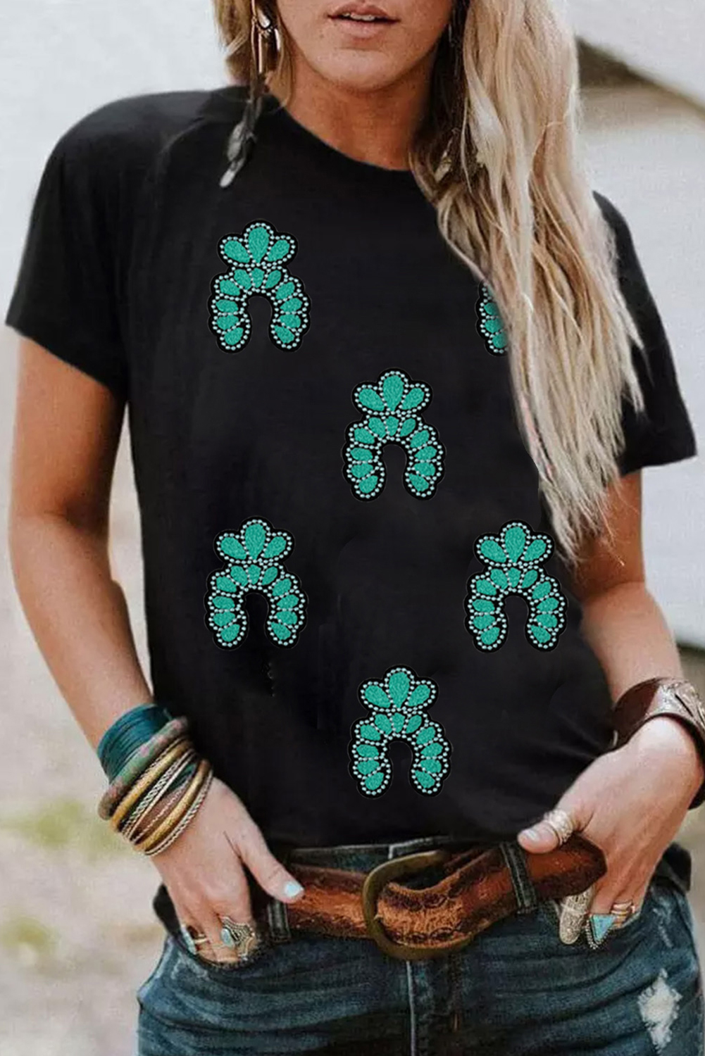 Black Western Turquoise Pattern Sequin Patched T Shirt - loveforevers