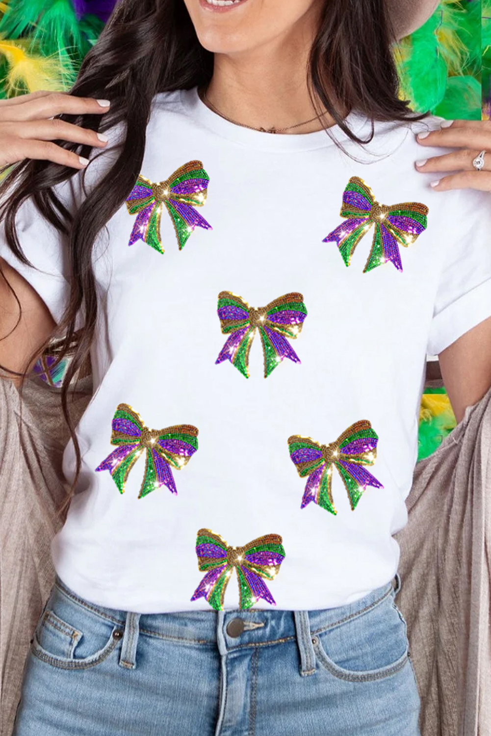 White Sequin Mardi Gras Bow Graphic Crewneck Tee - loveforevers