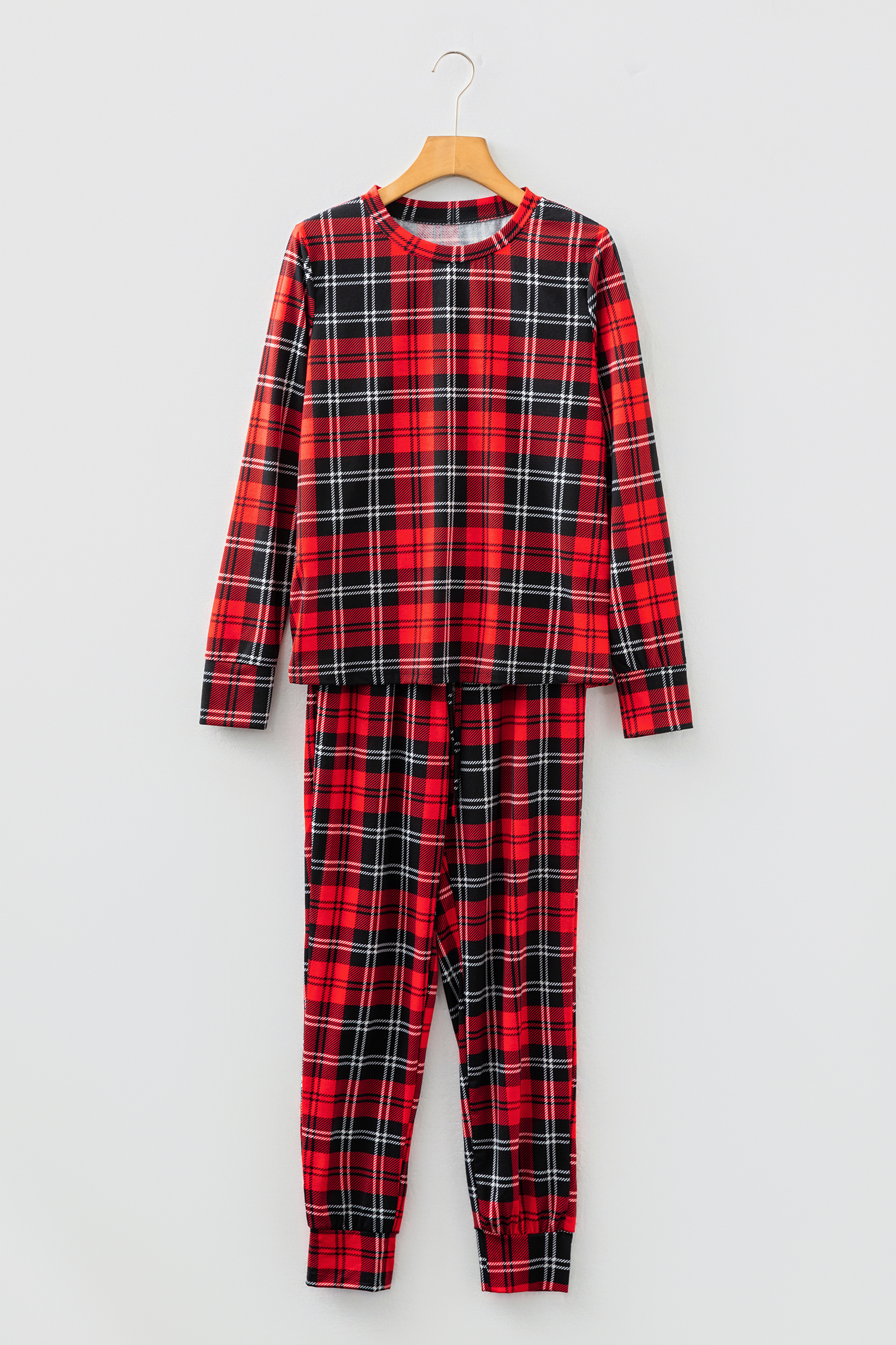 Red Festive Plaid Print Round Neck Long Sleeve and Pants 2 Piece Lounge Set - loveforevers