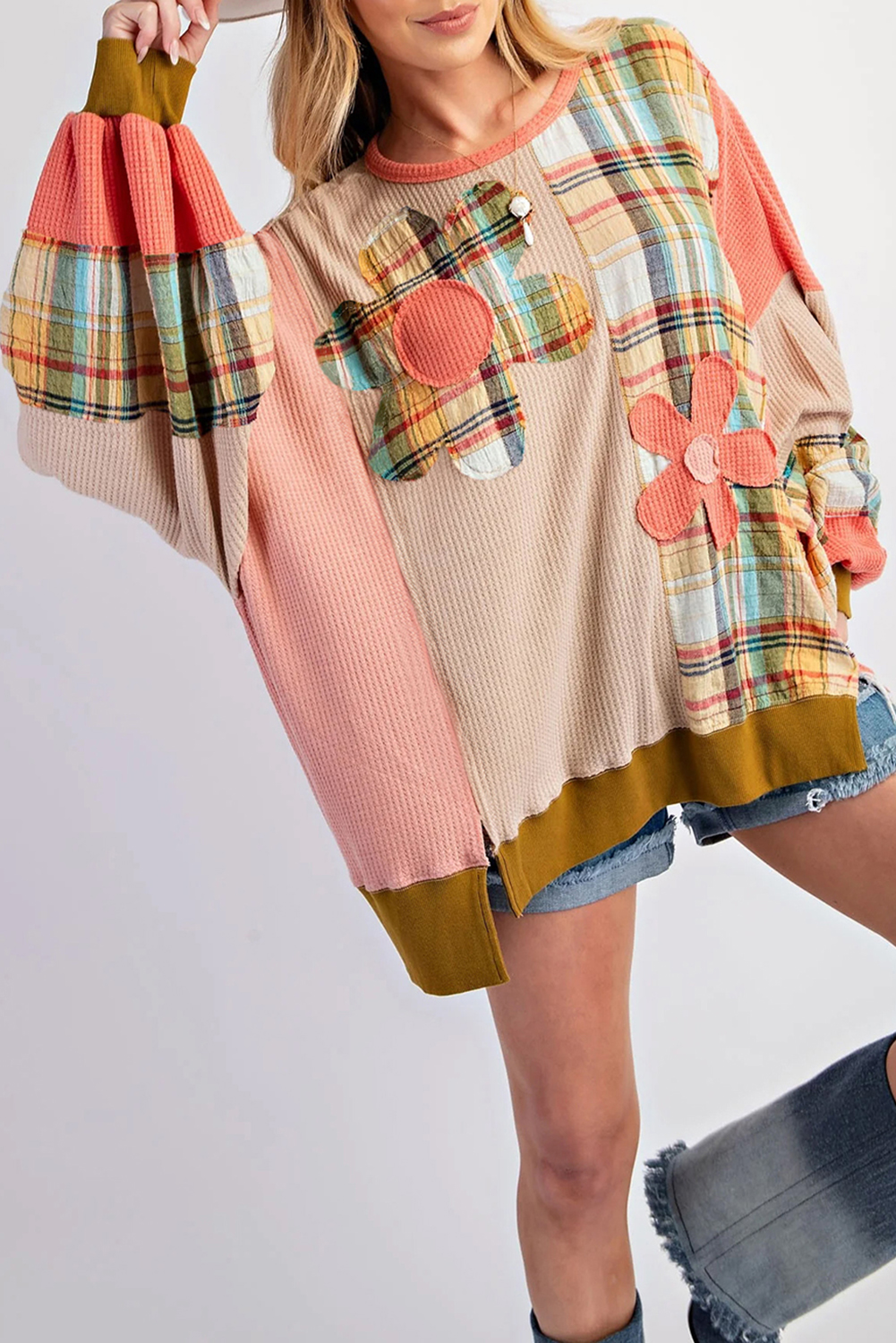 Multicolour Waffle Knit Plaid Patchwork Side Slits Loose Sweatshirt - loveforevers