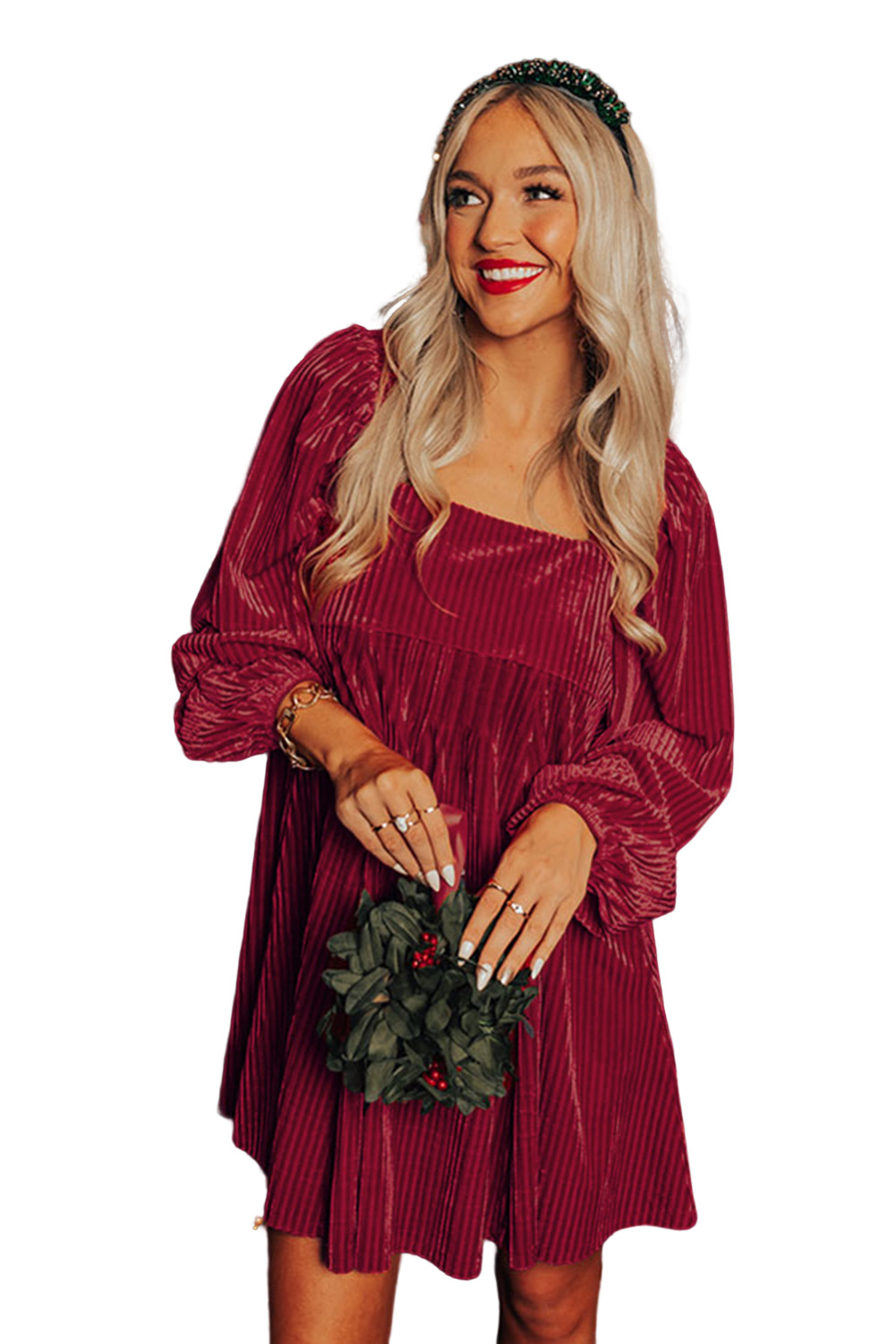 Red Tie Back Square Neck Velvet Babydoll Dress - loveforevers