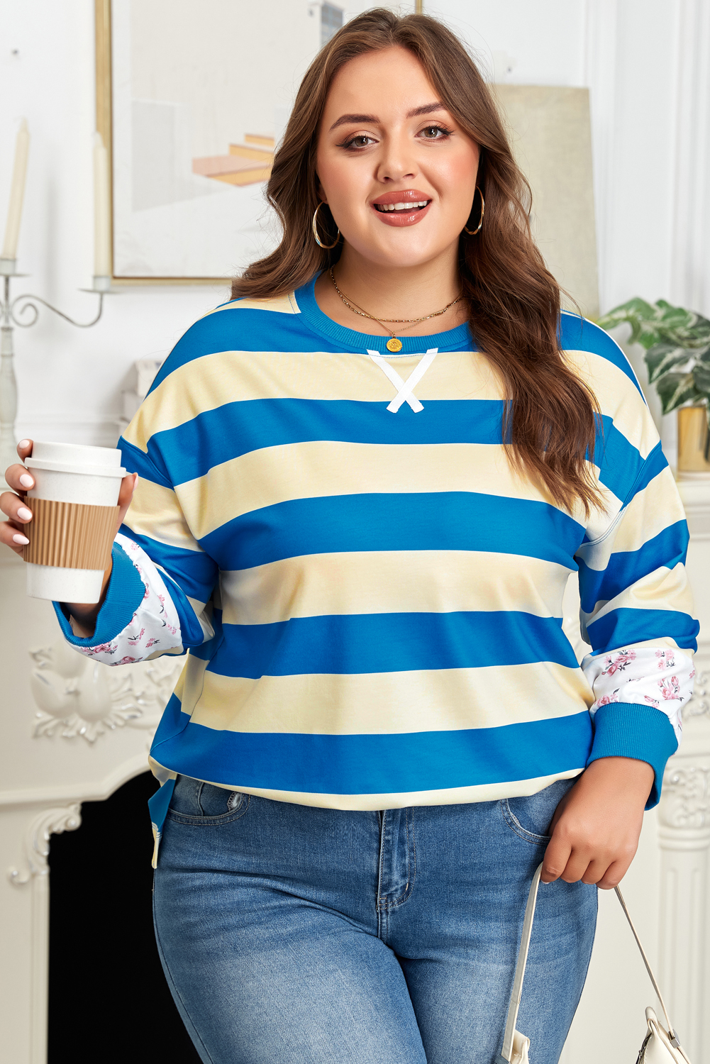 Blue Stripe Floral Color Block Drop Shoulder Plus Size Pullover Top - loveforevers