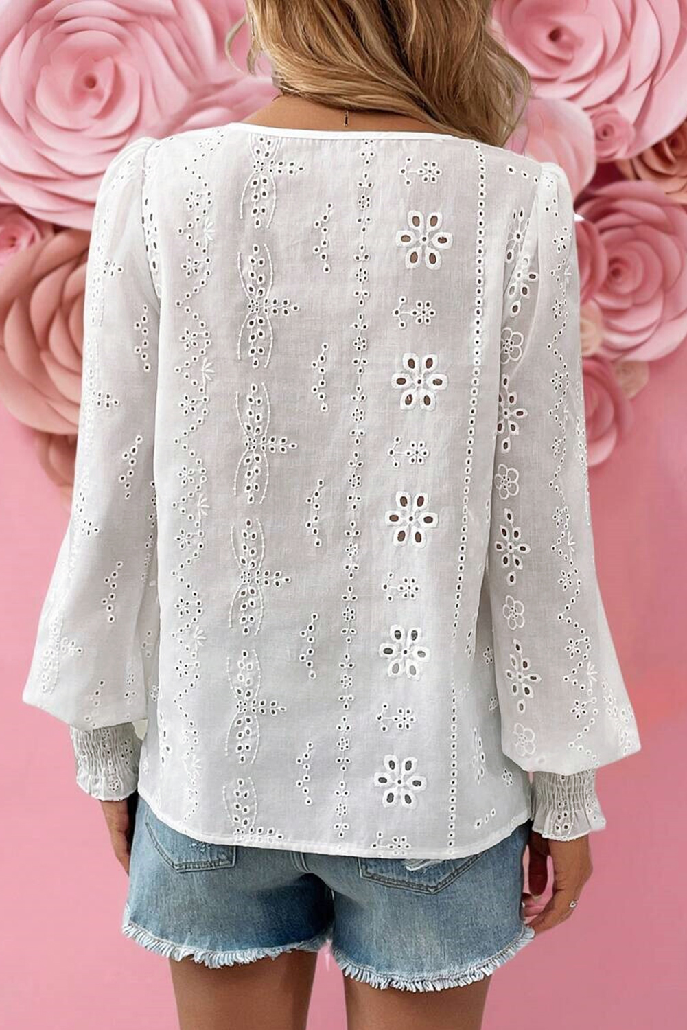White Eyelet Embroidered Smocked Cuff Sheer Blouse - loveforevers
