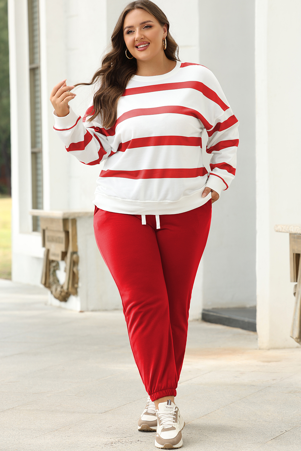 Brown Stripe Striped Drop Shoulder Pullover and Jogger Pants Set - loveforevers