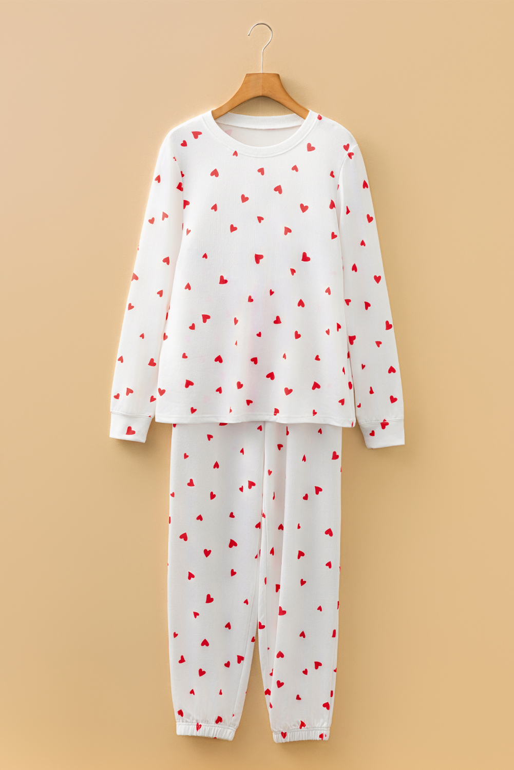 Fiery Red Tiny Hearts Printed Long Sleeve Top Drawstring Lounge Pant Set - loveforevers