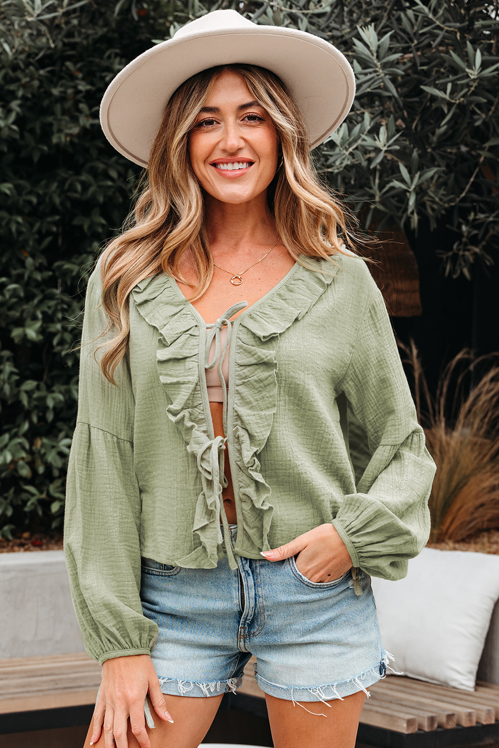 Meadow Mist Green Bow Tie Front Ruffle Trim V Neck Long Sleeve Gauze Blouse - loveforevers