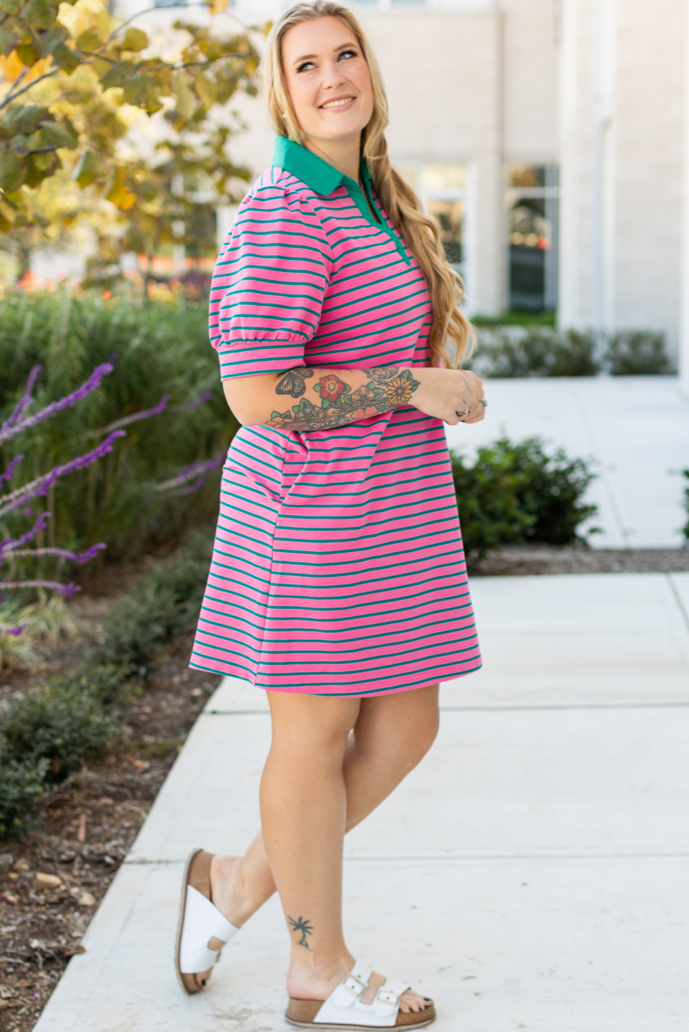 Pink Stripe Collared V Neck Puff Sleeve T Shirt Dress - loveforevers