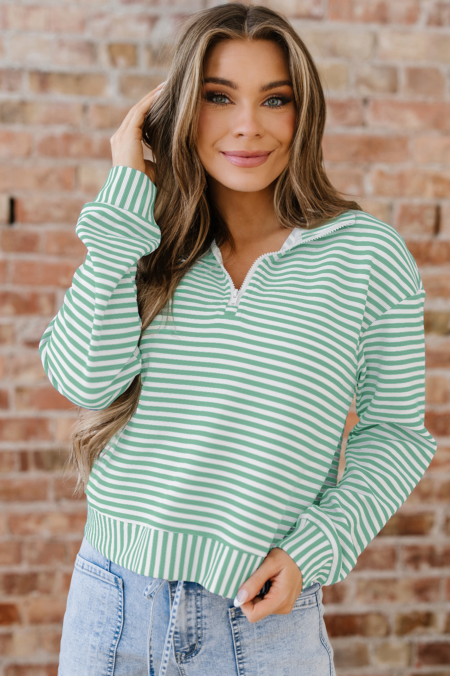 Green Stripe Quarter Zip Collar Pullover Long Sleeve Top - loveforevers