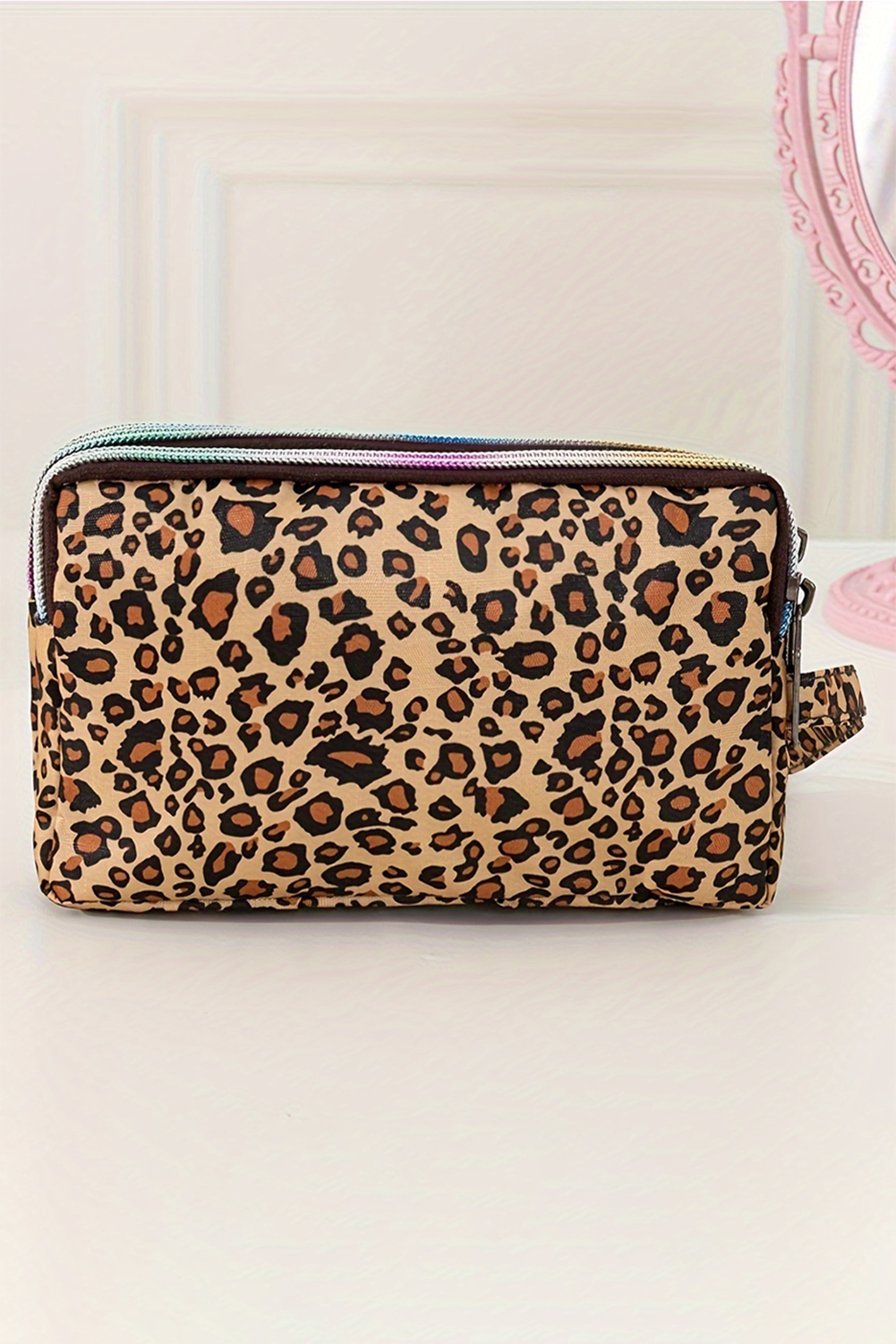 Brown Leopard Print PU Leather Wristlet Zipper Makeup Bag - loveforevers