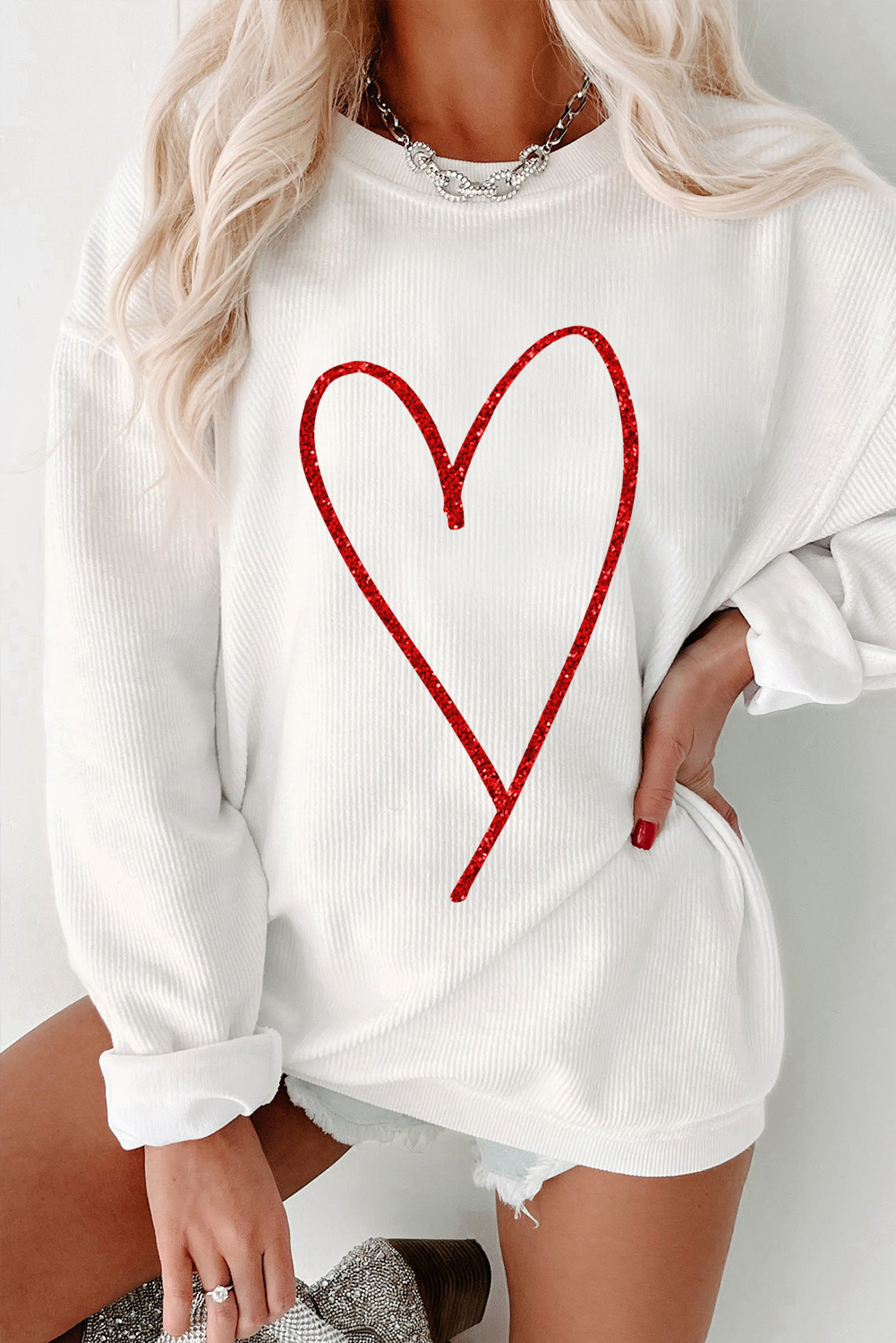 White Glittering Heart Printed Corded Valentines Pullover Sweatshirt - loveforevers