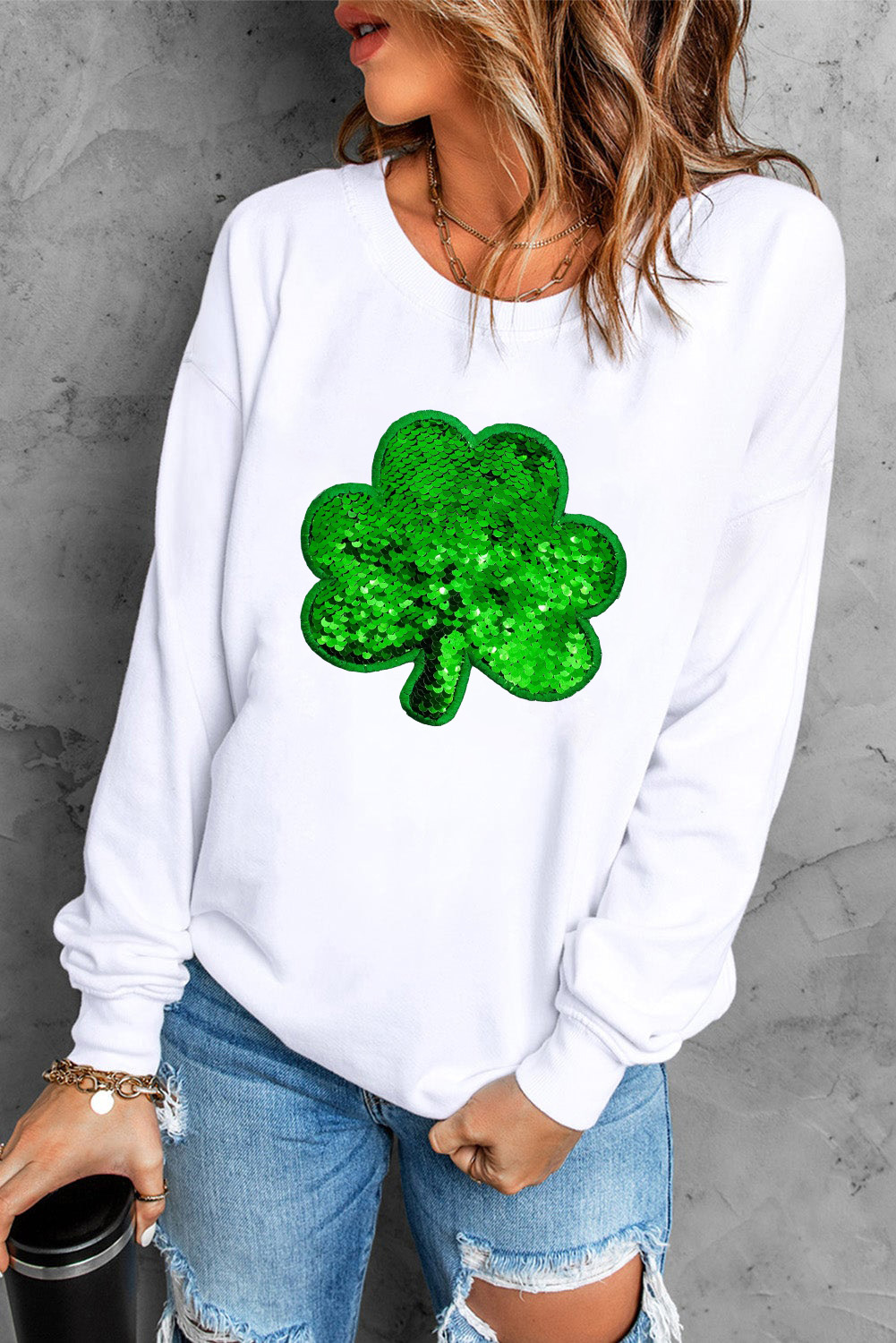 White Sequin Clover Embroidered Drop Shoulder Sweatshirt - loveforevers