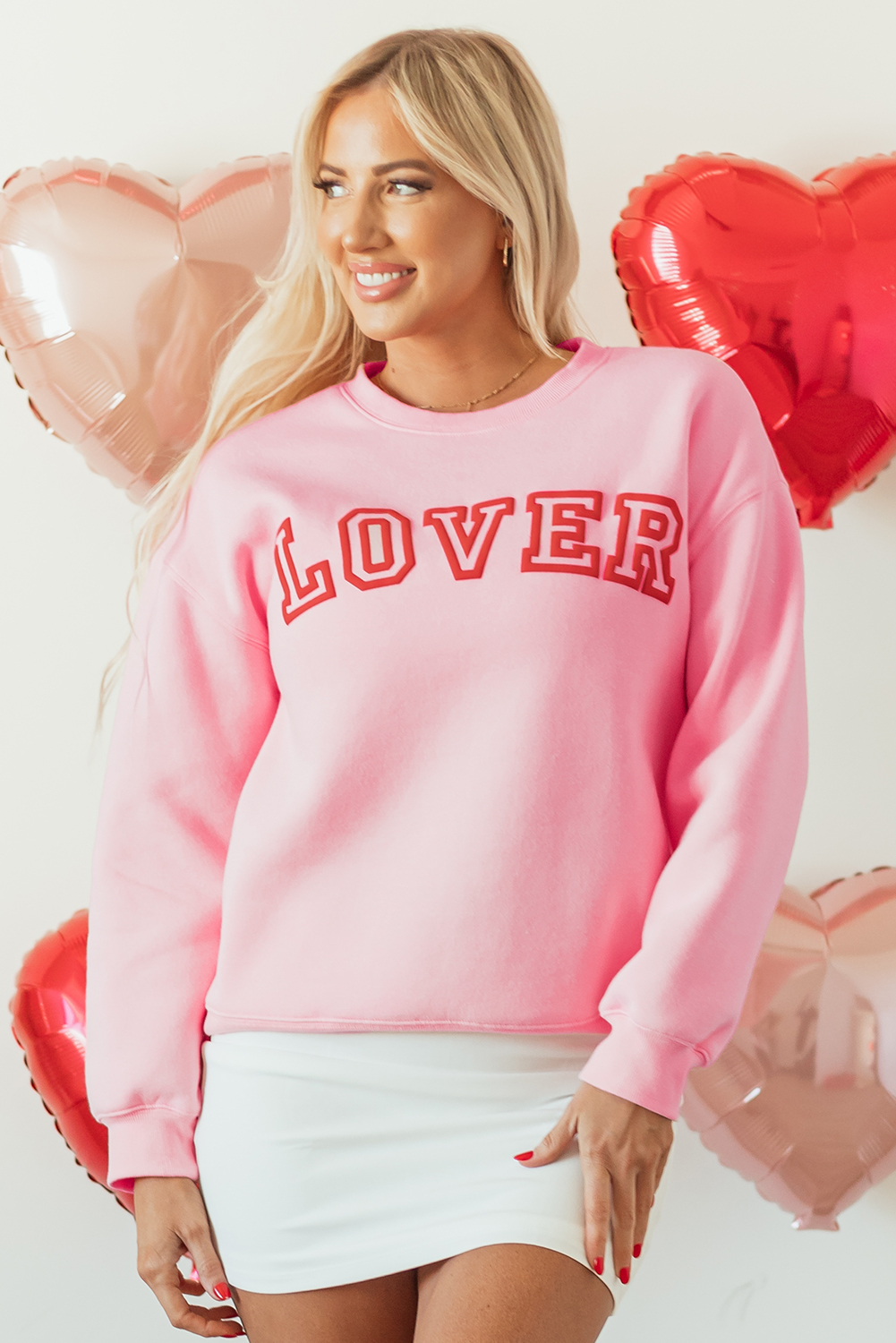 Pink LOVER Puff Print Drop Shoulder Pullover Sweatshirt - loveforevers