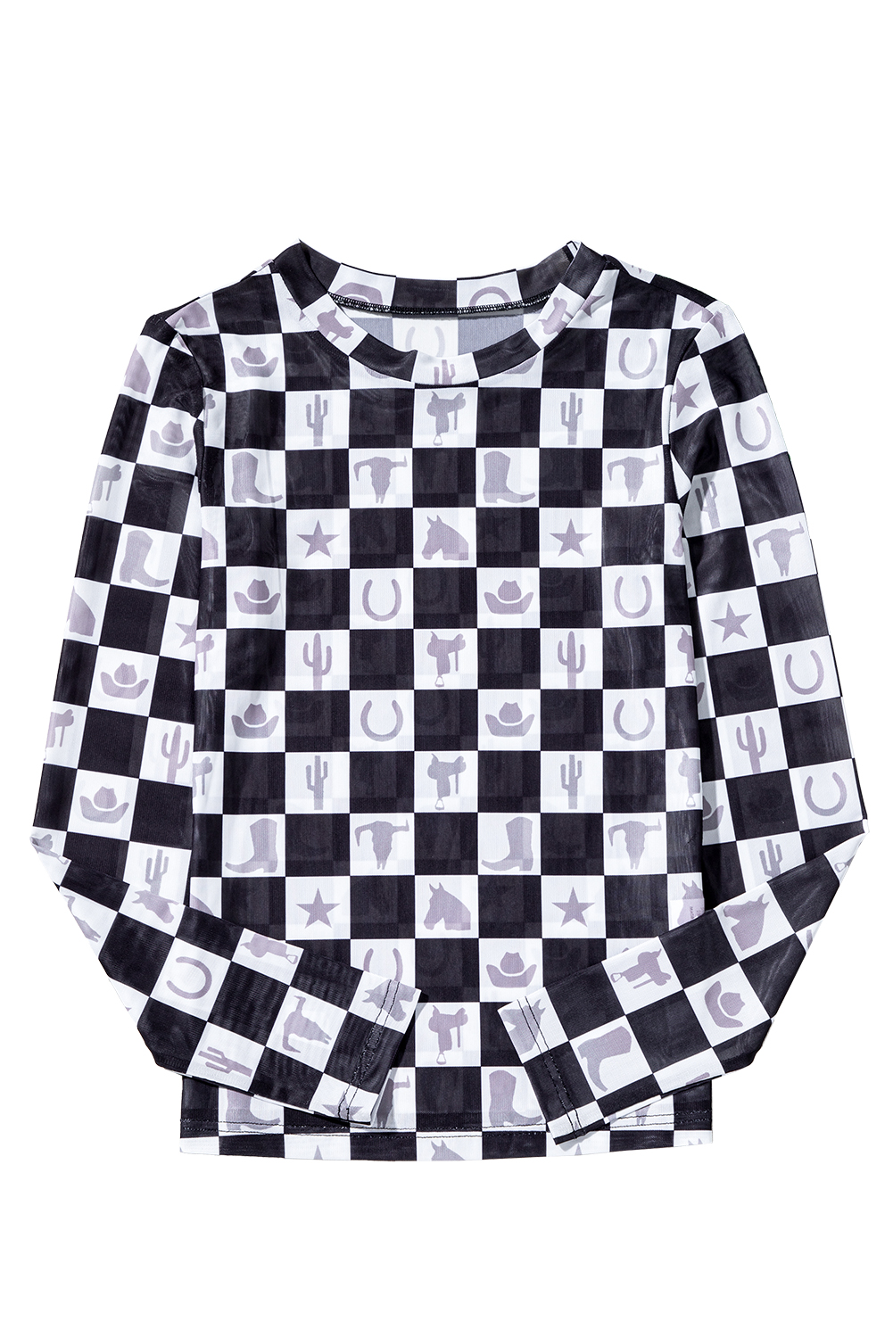 Khaki Checkered Pattern Mesh Mock Neck Long Sleeve Top - loveforevers