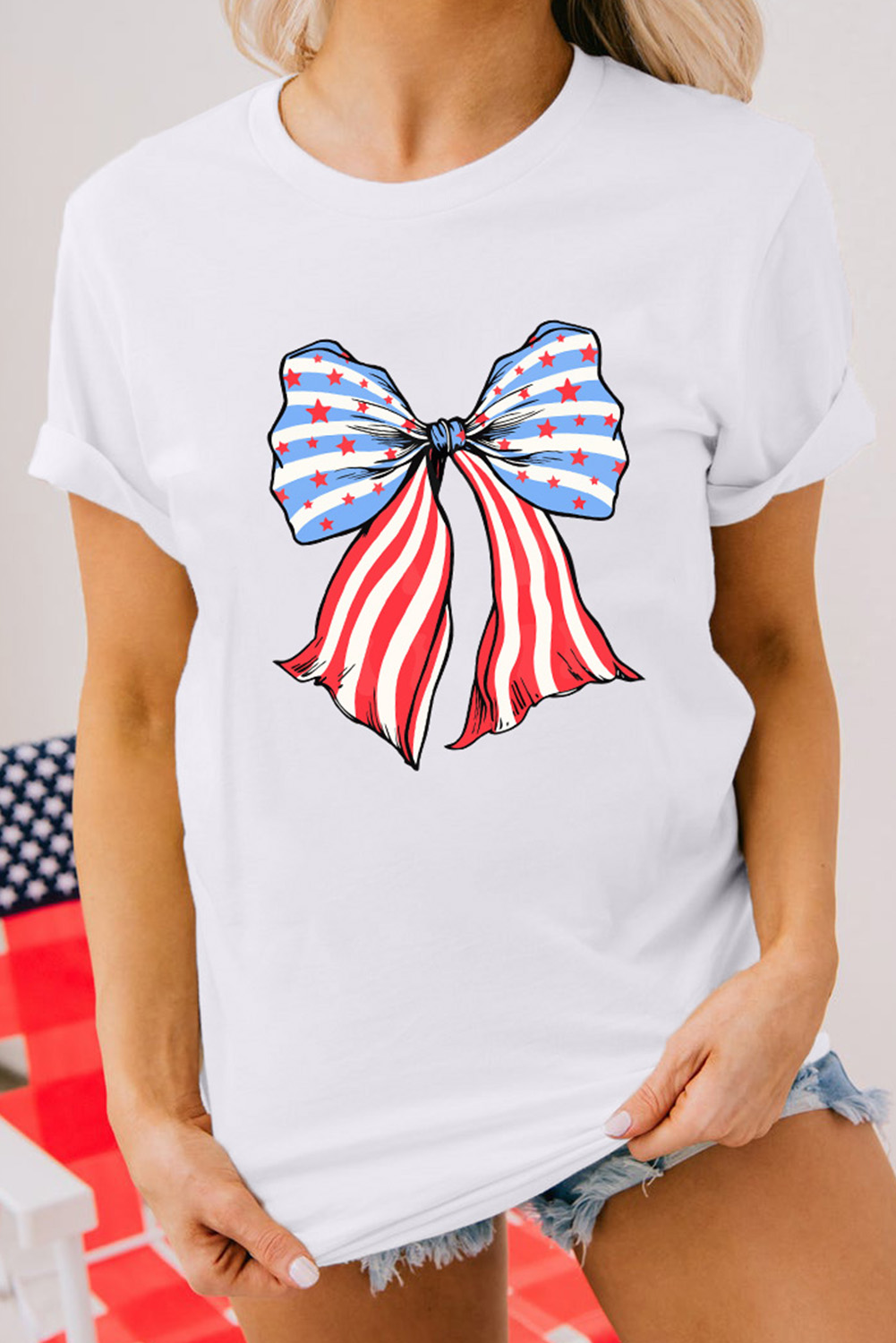 Khaki American Flag Bow Knot Print Round Neck T Shirt - loveforevers