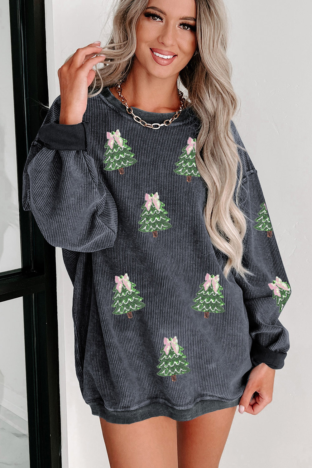 Gray Ribbed Round Neck Sequin Christmas Tree Patched Baggy Sweatshirt - loveforevers