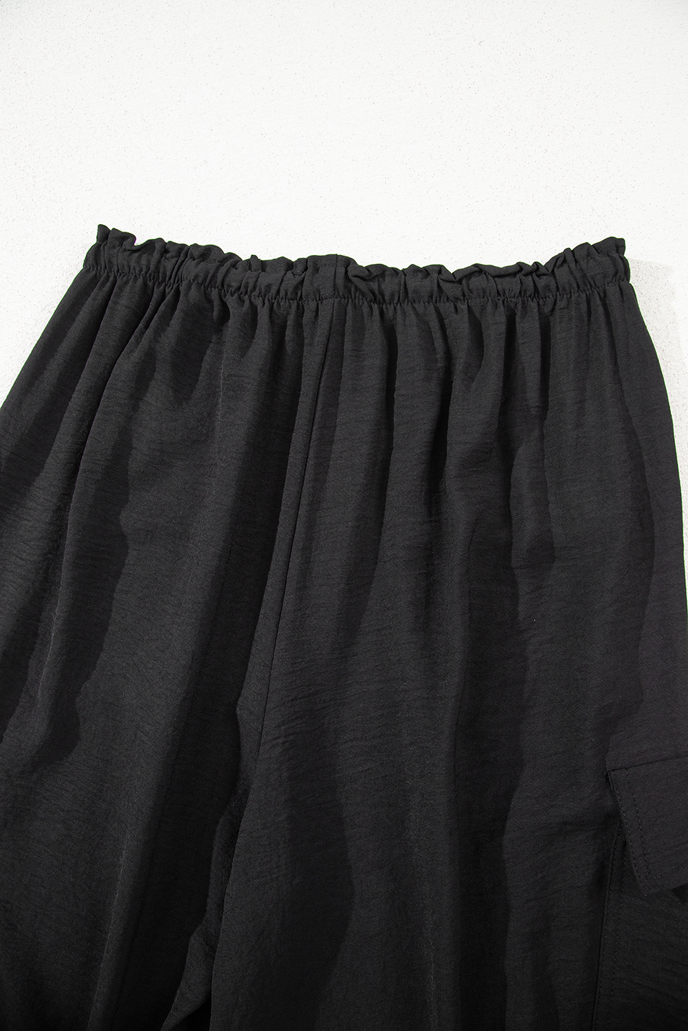 Black Drawstring Frilled Elastic Waistband Wide Leg Utility Trousers - loveforevers
