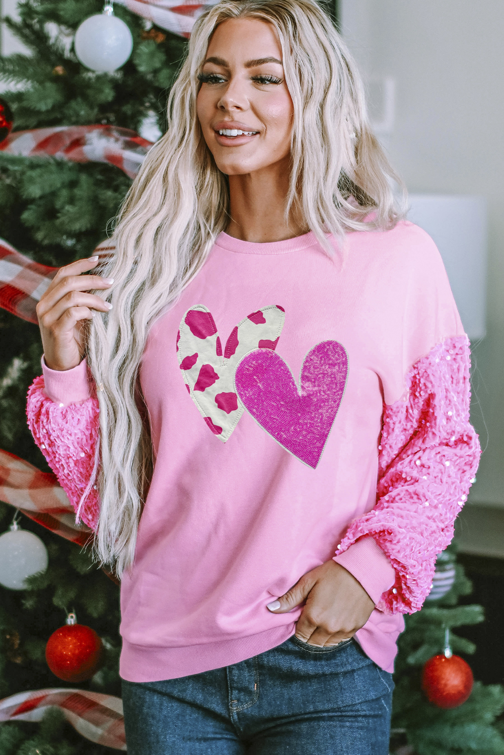 Pink Valentines Heart Graphic Sequin Patchwork Long Sleeve Top - loveforevers
