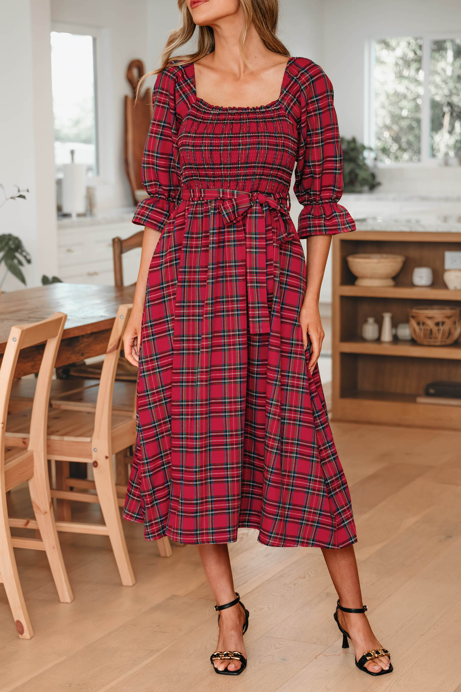 Red Tartan Plaid Square Neck Puff Sleeve Knot Waist Flared Midi Dress - loveforevers