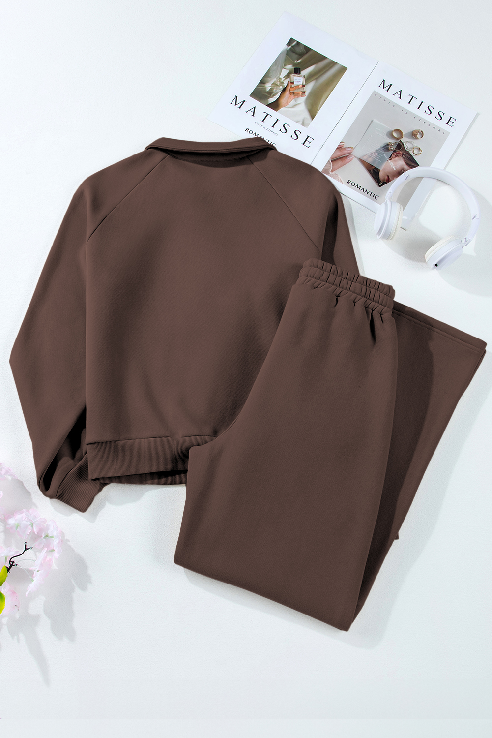 Dark Brown Solid Collared Sweatshirt and High Waist Pants Active Set - loveforevers
