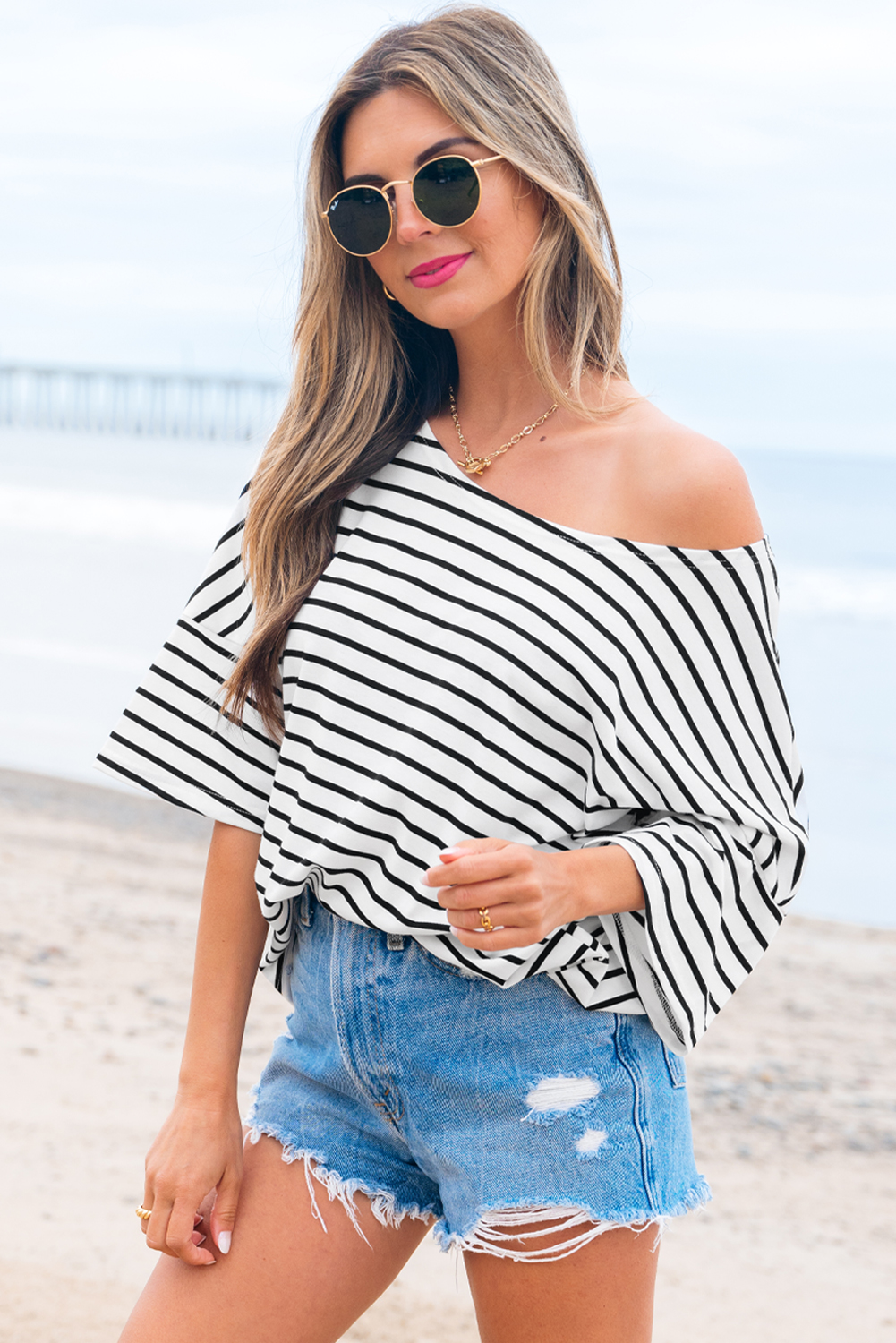 Black Stripe Half Sleeve Scoop Neck Loose Top - loveforevers