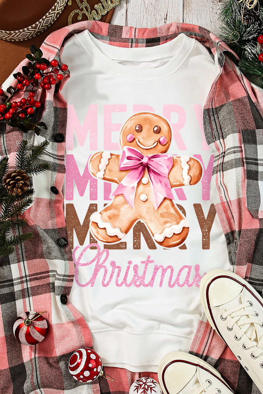 Beige Merry Christmas Gingerbread Man Graphic Sweatshirt - loveforevers