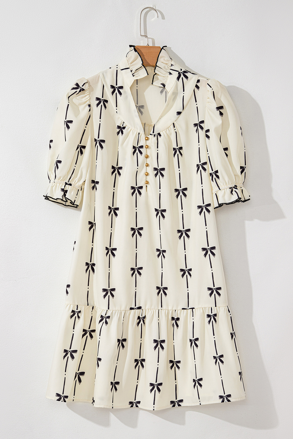 Beige Cute Bowknot Printed Bubble Sleeve V Neck Mini Dress - loveforevers