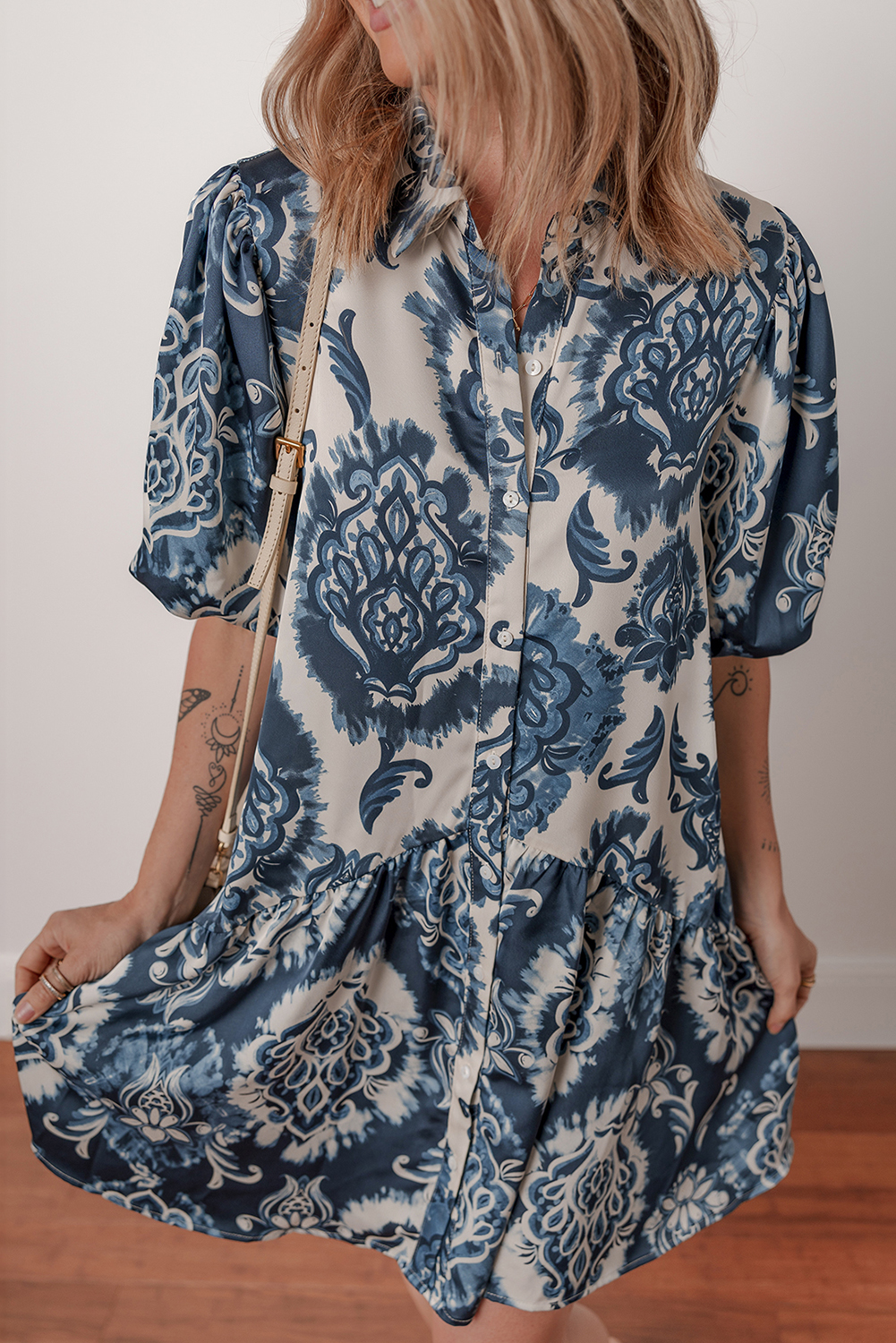 Blue Boho Floral Print Buttoned Collared Loose Fit Mini Dress - loveforevers