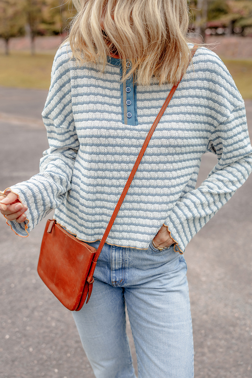 Sky Blue Stripe Textured Frilly Trim Buttons Henley Long Sleeve Top - loveforevers